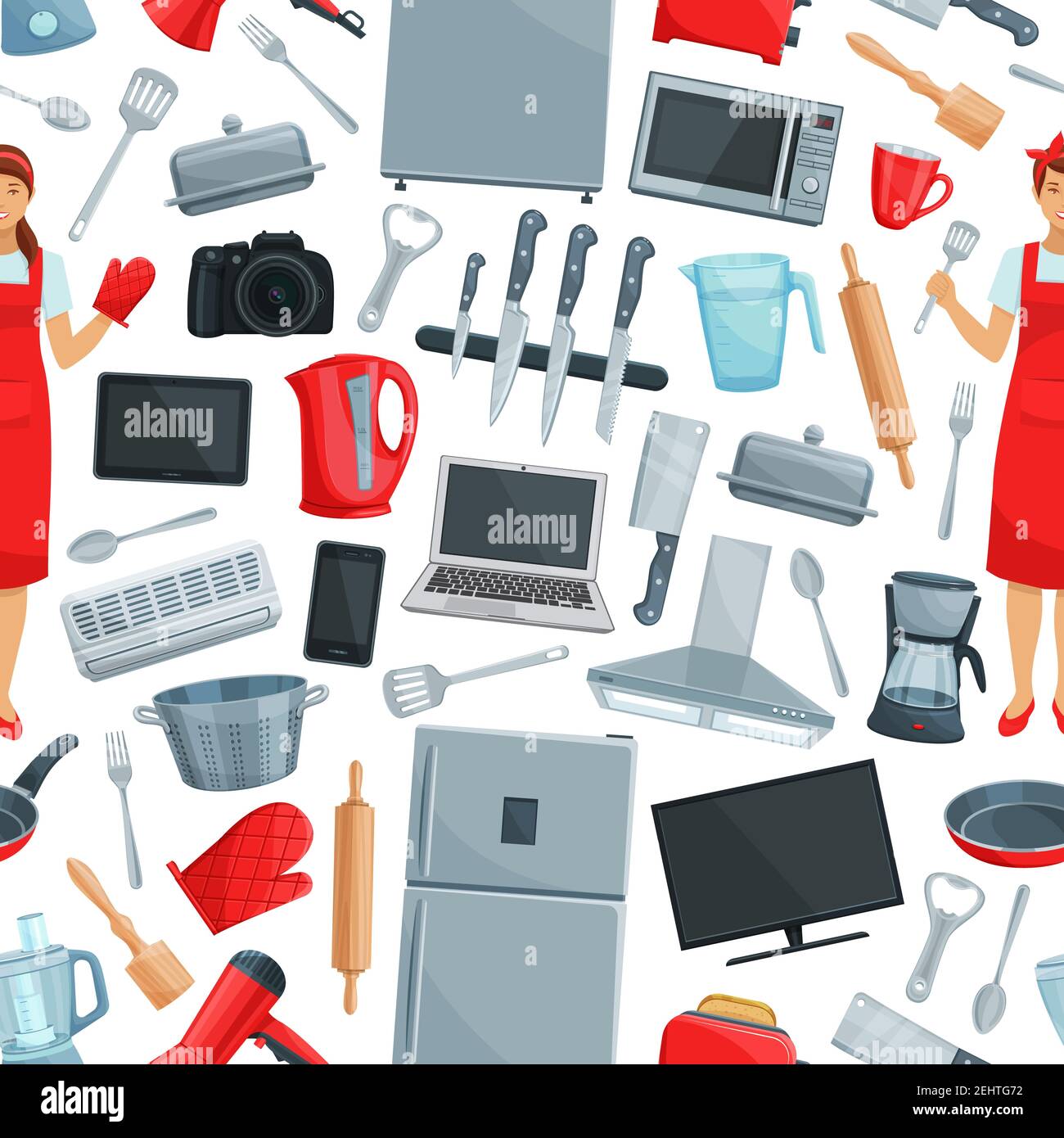 Haushaltsgerät und Küchengerät nahtlose Muster Hintergrund. Vector Kühlschrank, Toaster und Mixer, Wasserkocher, fernseher und Mikrowelle, Laptop, Klimaanlage Stock Vektor