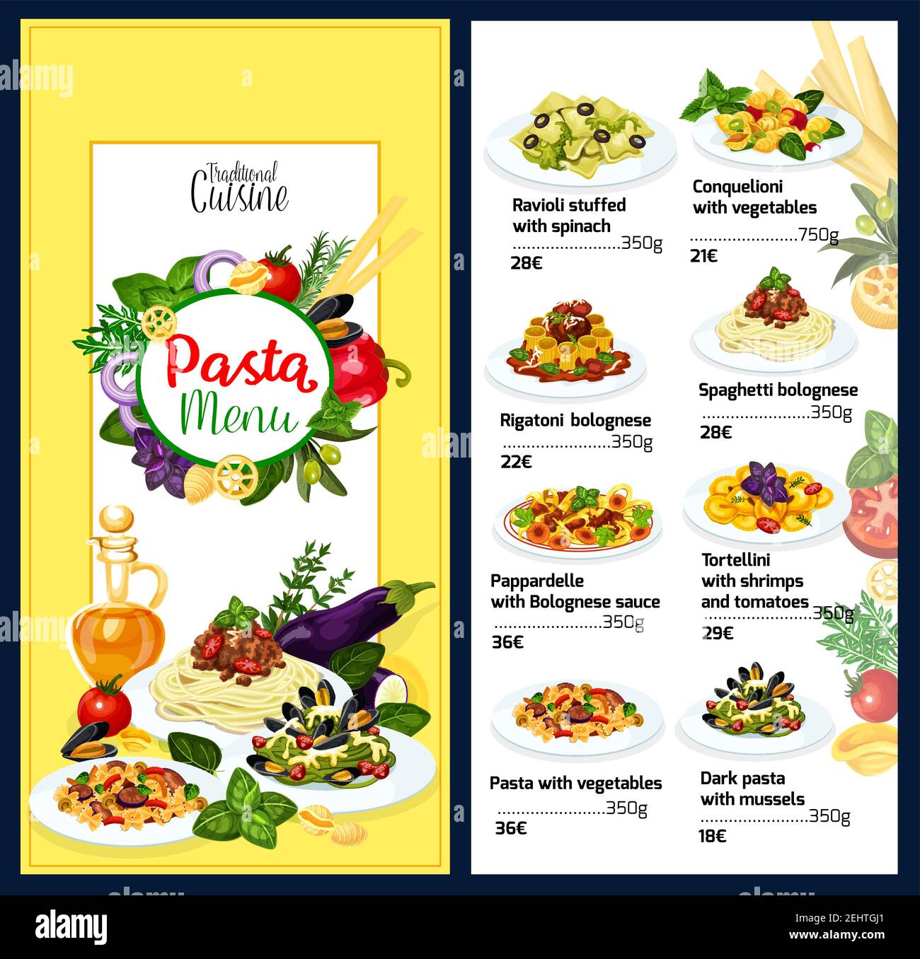 Pasta-Menü Vorlage der italienischen Küche. Ravioli gefüllt mit Spinat und conquelioni mit Gemüse, Rigatoni oder Spaghetti Bolognese. Pappardelle wit Stock Vektor