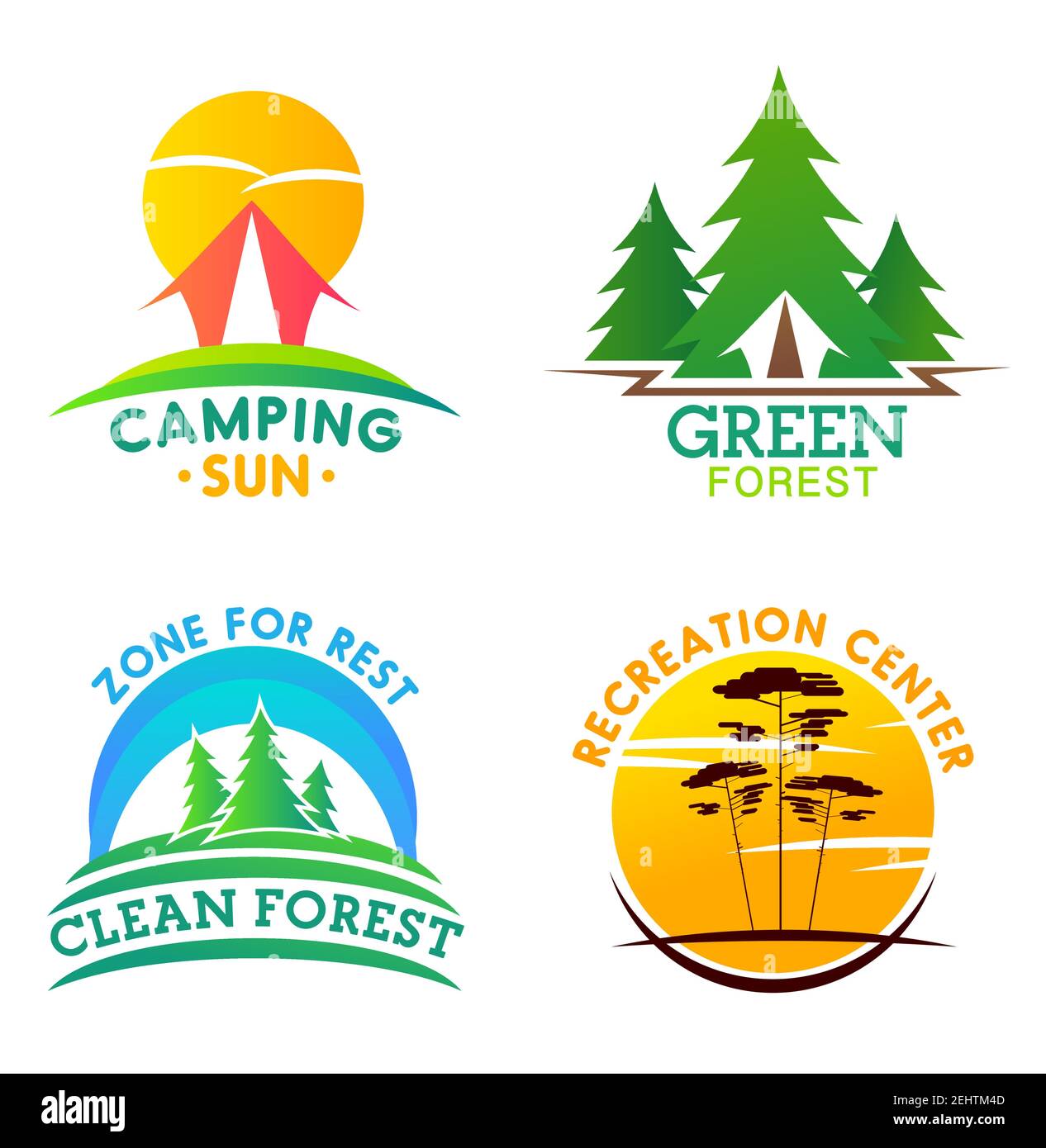 Camping und saubere Wald oder Erholungszentrum Symbole. Waldcampingplatz Park Wappensymbol mit Zelt, Tannen oder Fichten, hohen Bäumen bei Sonnenuntergang. Zonen für Stock Vektor
