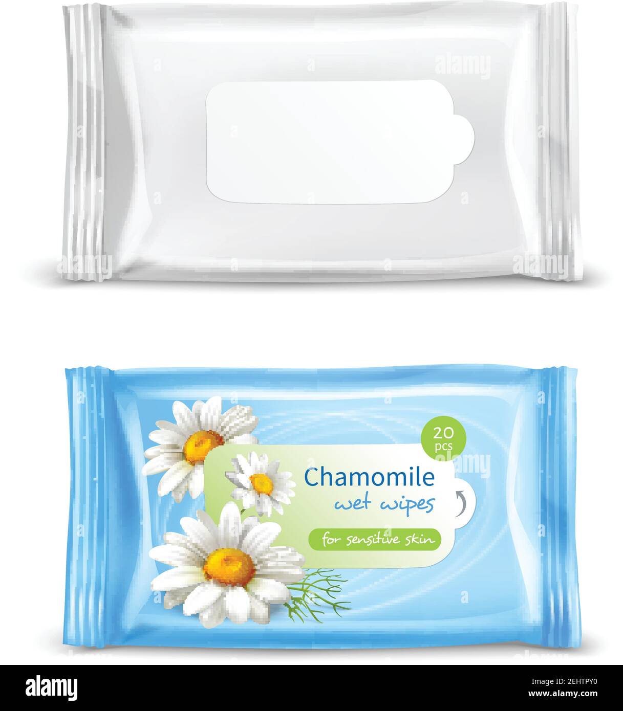 Kamille Wet Wipes Servietten für empfindliche Haut realistisches Paket 2 Ansichten legt isolierte Vektordarstellung fest Stock Vektor