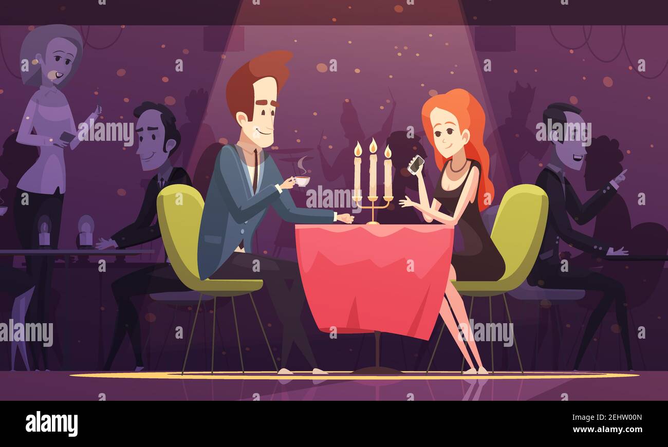 Junges Paar mit romantischen Dating und Kaffee trinken am Tisch Im Restaurant Innenraum flache Cartoon Vektor Illustration Stock Vektor