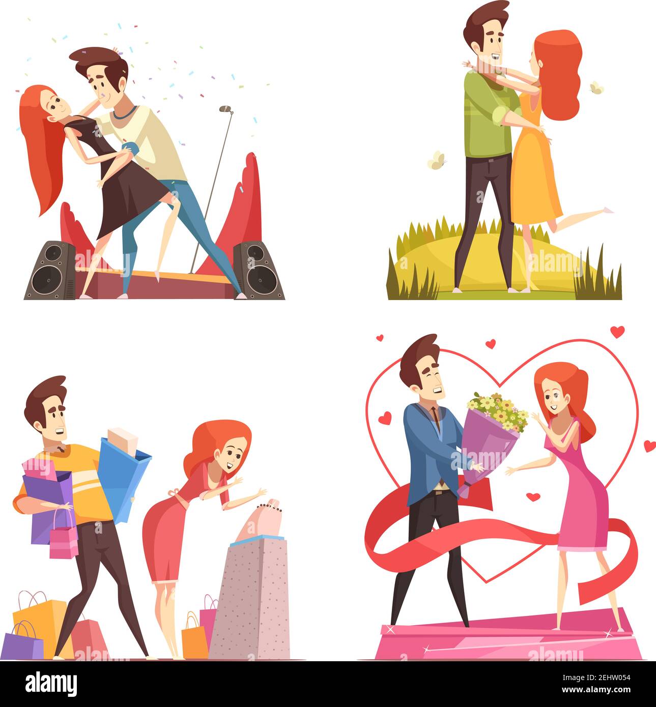 Paar in Liebe 2x2 Design-Konzept mit glücklichen Liebhaber auf Datum Tanz geben Geschenke und Blumen flache Vektor-Illustration Stock Vektor