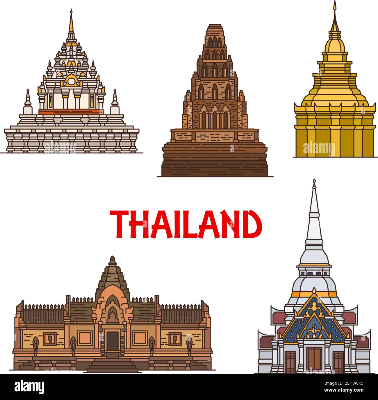 Reisen Wahrzeichen der alten Thailand Architektur, Vektor-Ikonen. Thailändische goldene Pagode, Khao Takiab, Cham Dhevi, Prasat hin Phanom rung und Phra Borommat Stock Vektor