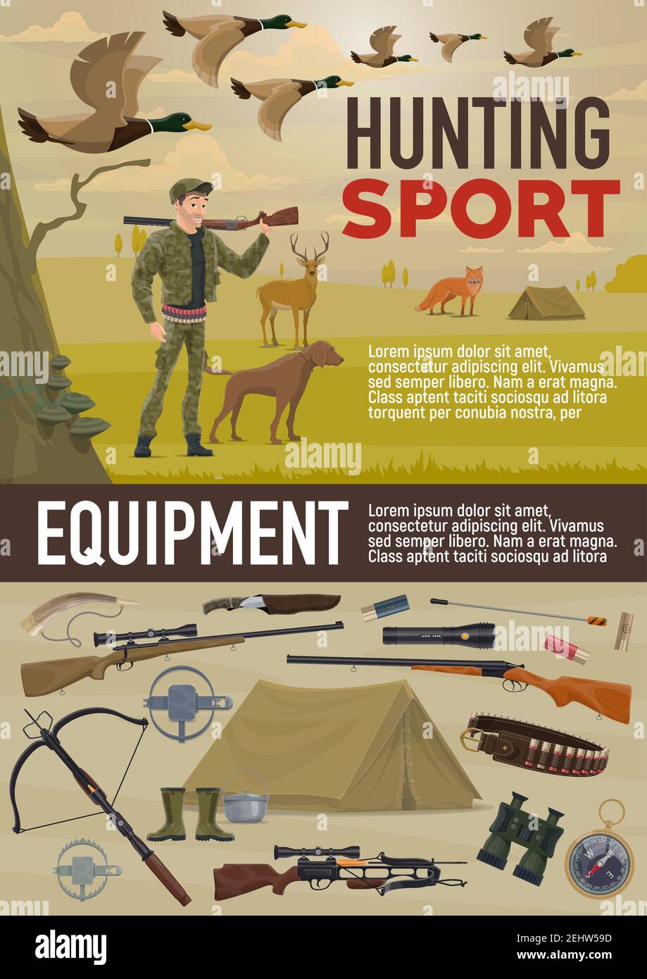 Jagdsportausrüstung und Jagdmunition. Vector Jäger Mann mit Gewehr und Armbrust, Kugeln und Bandolier, Jagdhund, Navigation Kompass A Stock Vektor