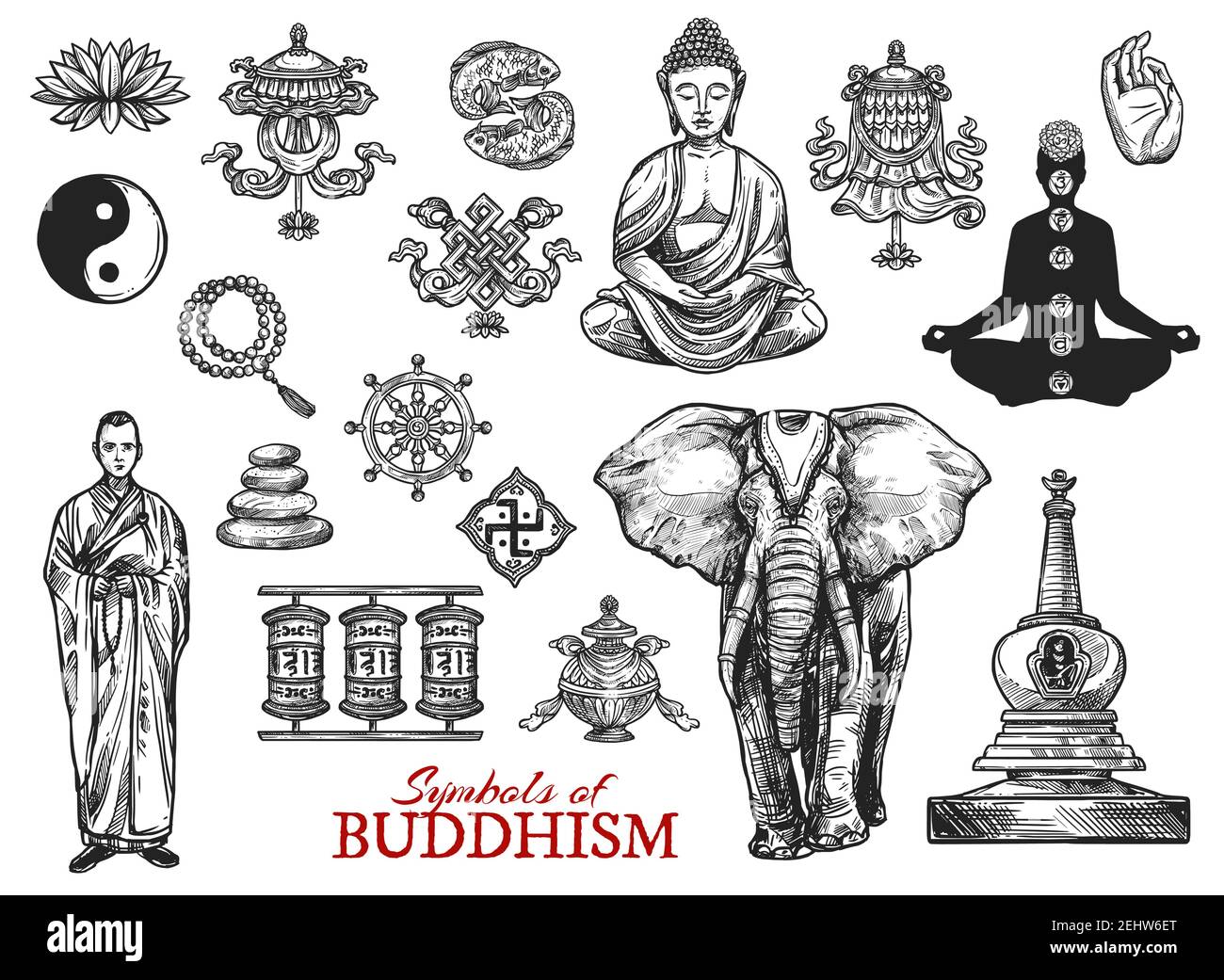 Buddhismus Religiöse Skizzen Symbole. Vektor Buddha Mönch Mudra in Zen-Meditation, Yin Yang Fisch Zeichen oder heilige Elefant und Lotus mit Stupa Schrein und s Stock Vektor