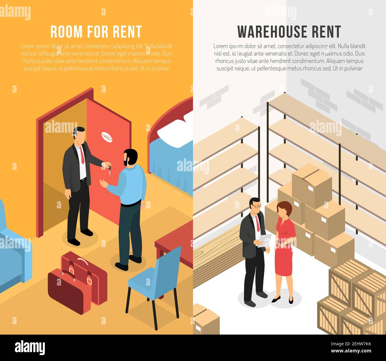 Immobilienagentur vertikale Banner mit Kunden und Agenten demonstrieren Raum und Lager zur Miete isometrische Vektor-Illustration Stock Vektor