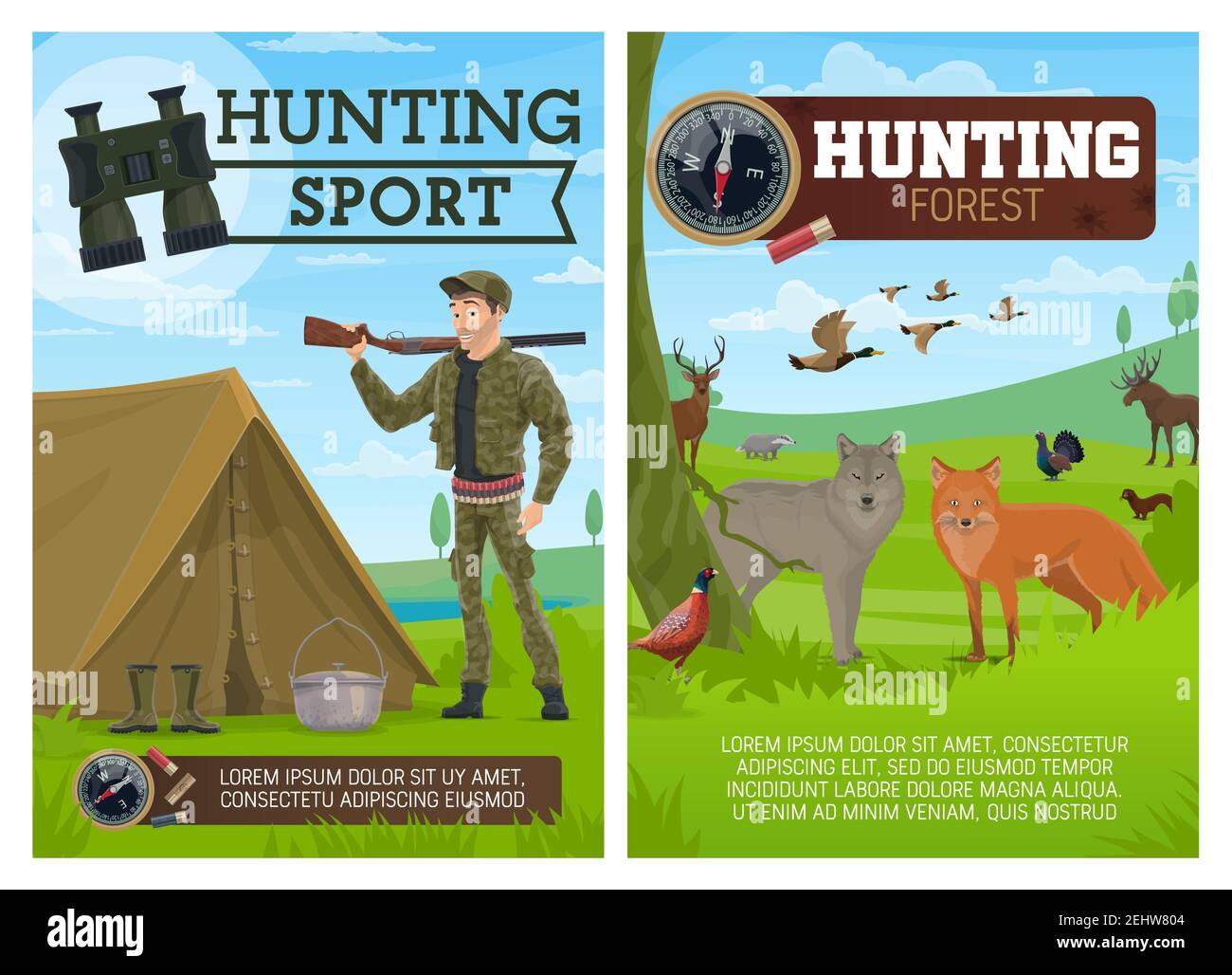 Jäger, Vögel und Tiere, Jagdsport. Fuchs und Wolf, Ente und Auerhahn, Hahn und Dachs, Elch und Hirsch, Auerhahn und Dachs, Zobel und marte Stock Vektor