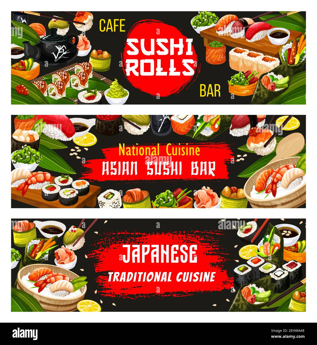 Japanische Sushi-Bar Banner für asiatische nationale Küche Restaurant-Menü. Vector Japan traditionelle Gerichte der Sashimi Rolle mit Meeresfrüchten, unagi Maki o Stock Vektor