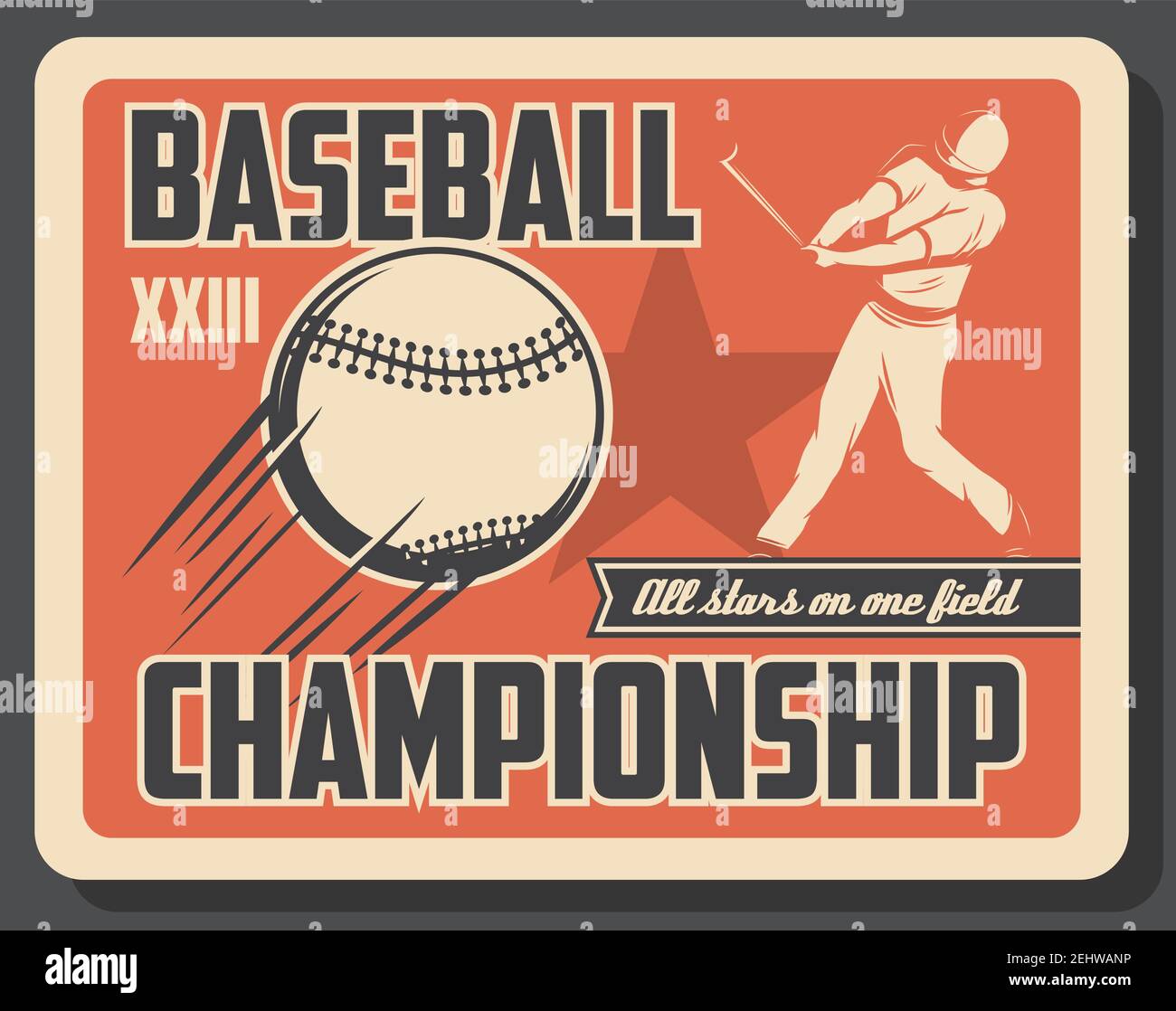 Sportspiel Baseball Retro Einladung mit fliegenden Ball und Spieler. Sportartikel und Sportler in Uniform auf Vintage-Poster. Professionell alle Sterne lea Stock Vektor