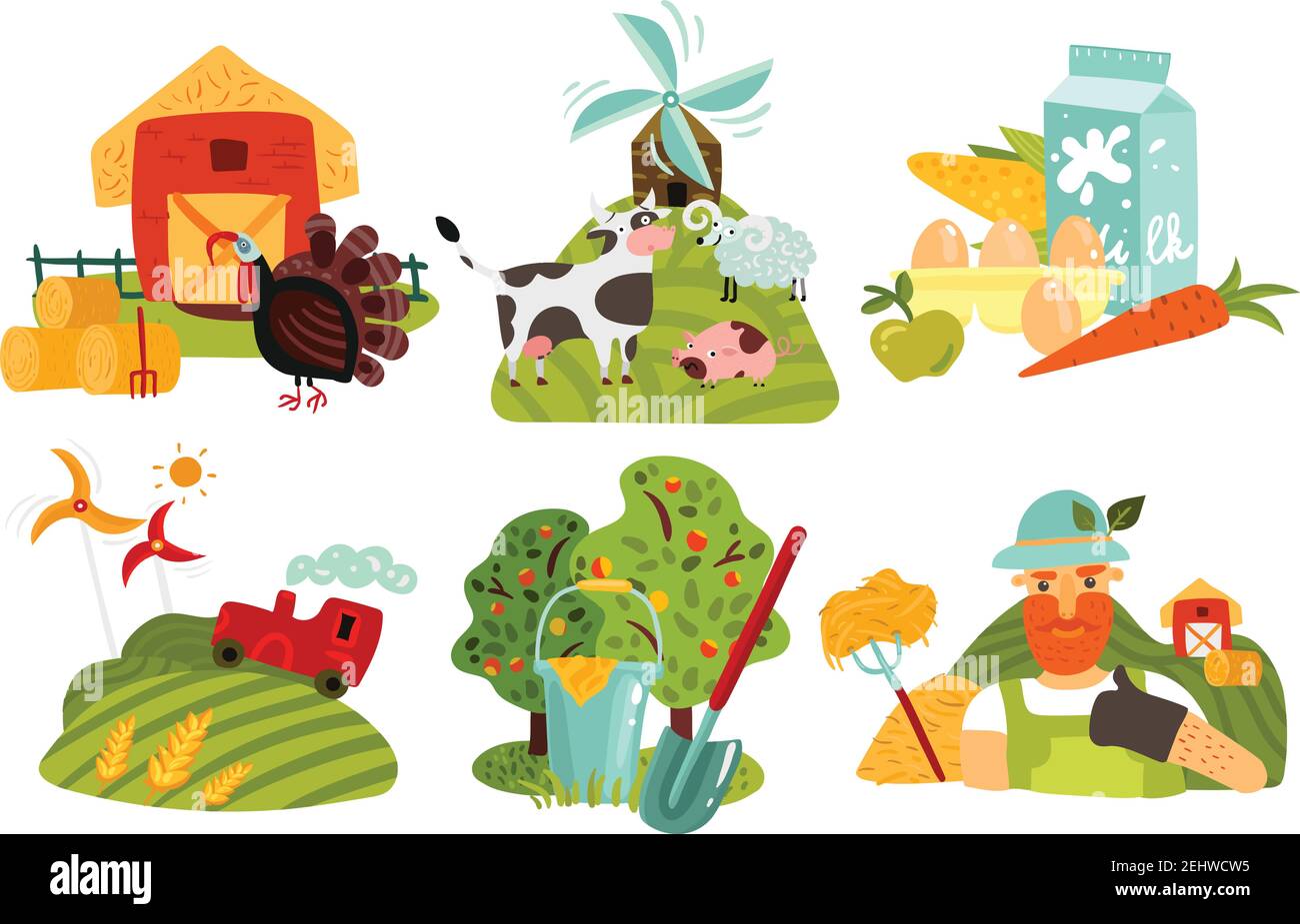 Farm Design-Konzept mit Gartenarbeit, Windmühlen auf grünen Feldern, Scheune und Heu, Tiere, Produkte isoliert Vektor-Illustration Stock Vektor