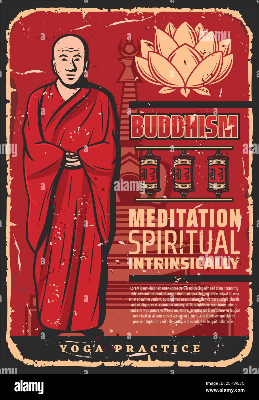 Buddhistischer Mönch mit Lotus in spiritueller Meditation, Vintage Poster. Vektor Buddhismus Religiöse Symbole des Buddha-Tempel und Gebetsräder des buddhistischen Wor Stock Vektor