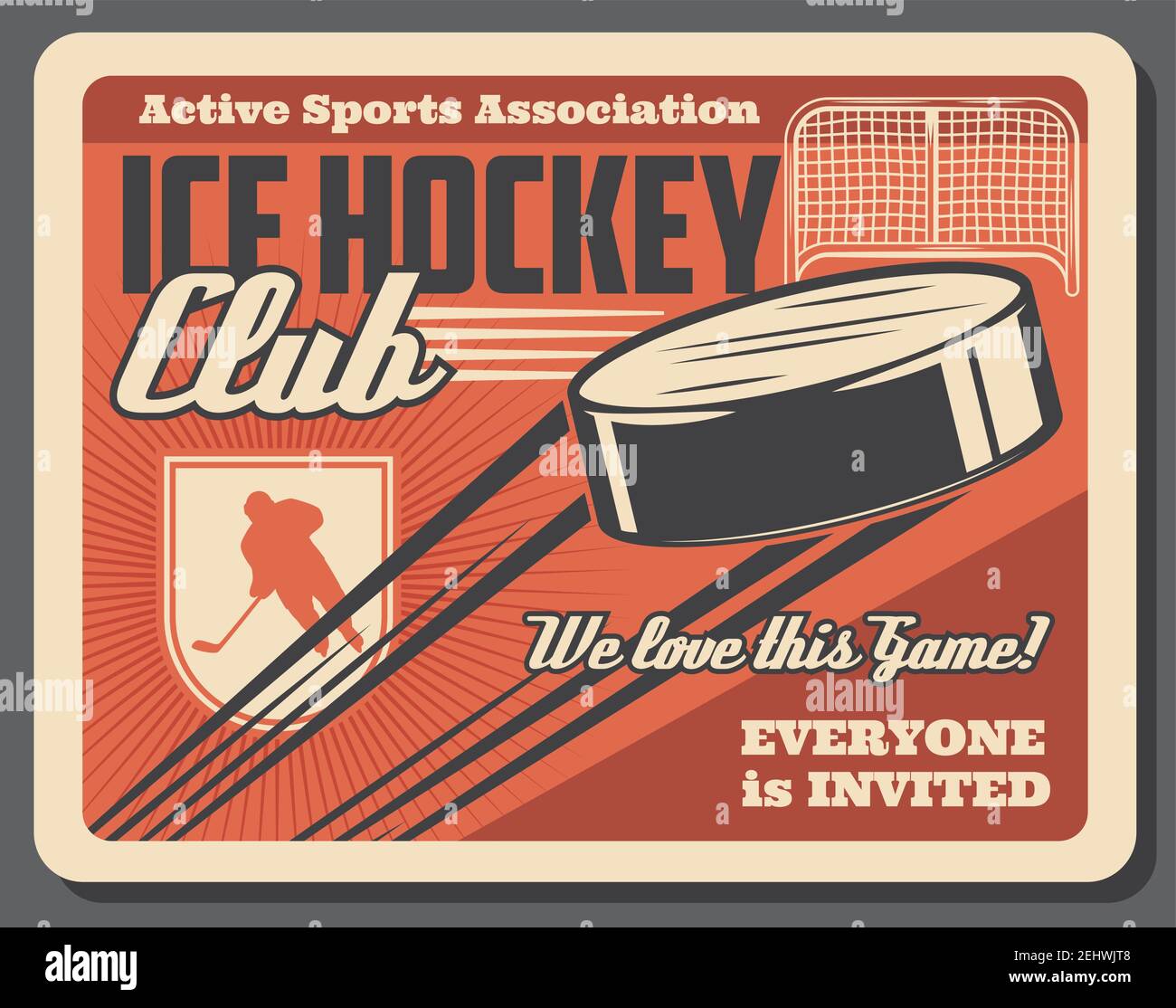 Eishockey-Training und Sportverein vintage Poster. Vector Retro Hockey vorwärts Spieler mit fliegenden Puck zu Toren auf Eis Arena, Vintage-Stil Stock Vektor