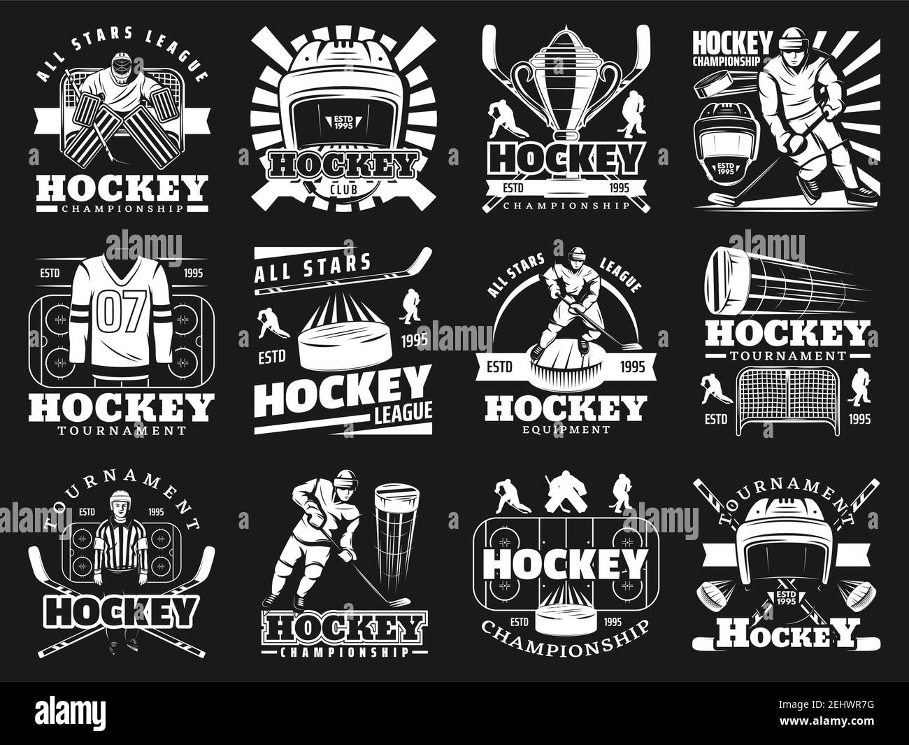 Eishockey-Ikonen mit Spielern und Sportartikeln. Helm und Stock, Puck und Shirt mit Nummer, Pokal und Schiedsrichter, Tore und Sportler auf Schlittschuhen. Te Stock Vektor