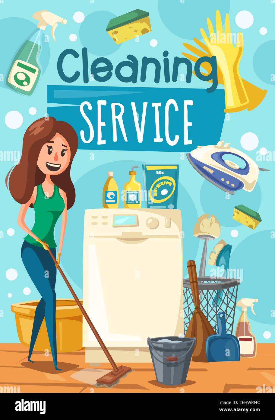 Hausreinigung, Frau wischt einen Boden. Vector Haushaltsgerät und Staubbürste, Eimer und Waschmittel Seife oder Glaspolierer. Waschmaschine Stock Vektor