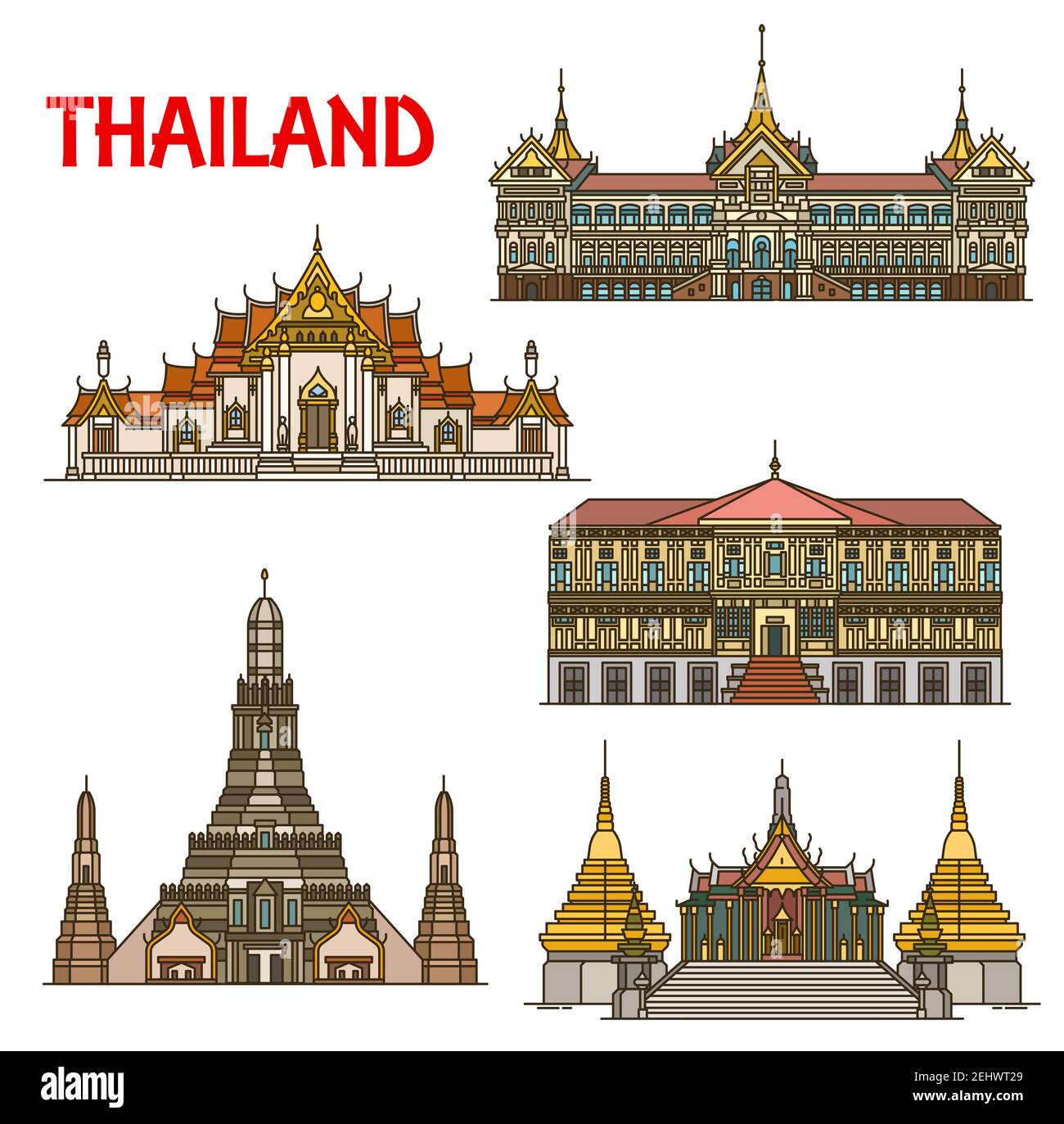 Thailand Reise Wahrzeichen mit Architektur von Bangkok Vektor-Ikonen. Royal Grand Palace und Vimanmek Villa, Wat Arun oder Tempel der Morgenröte, Marmor Stock Vektor