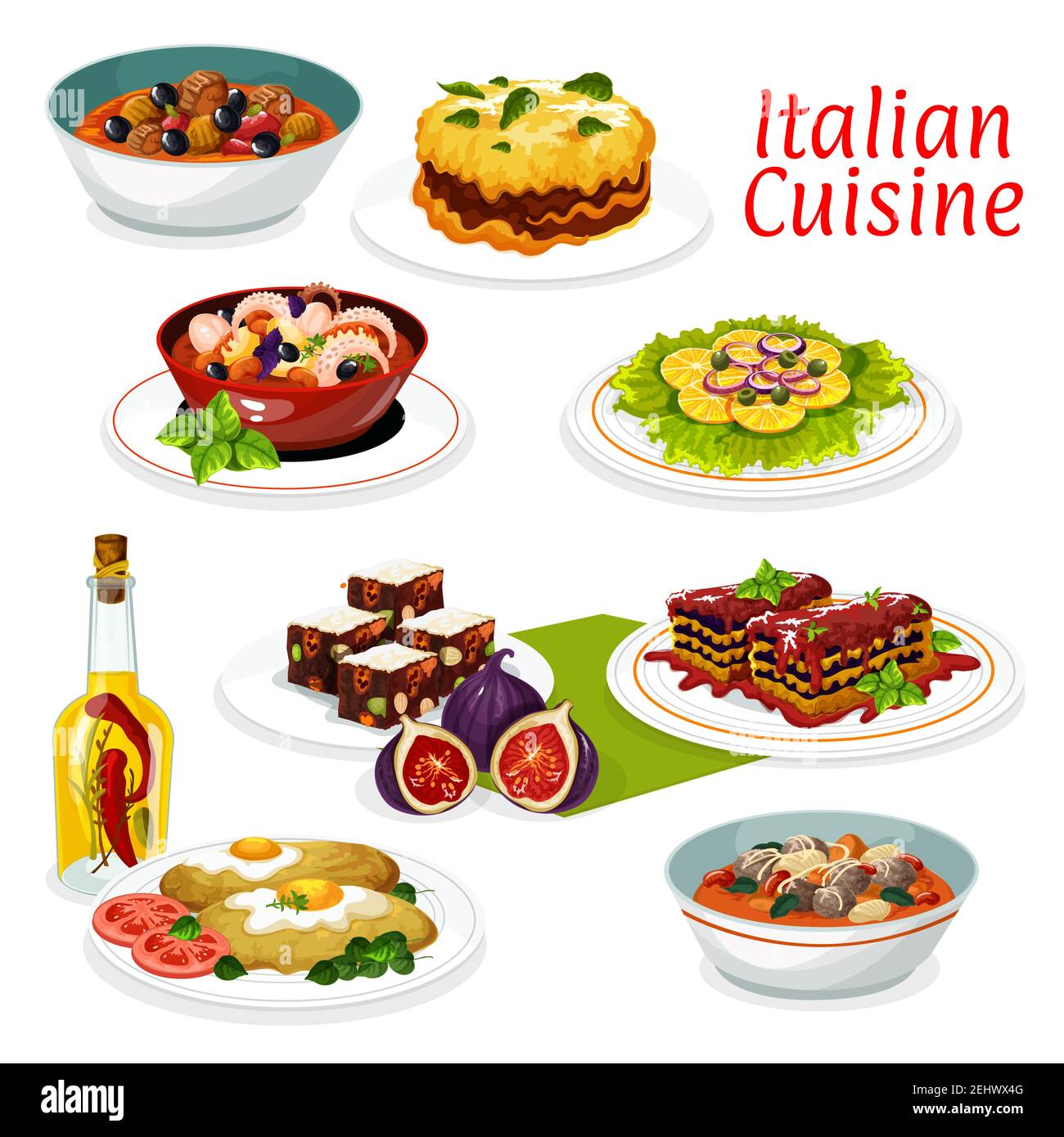Italienische Küche Hauptgerichte von Fleisch und Gemüse, Lasagne mit Käse und Tomatensauce, Rindfleisch Oliven Eintopf und Meeresfrüchte Oktopus Salat. Vektor türkei mil Stock Vektor