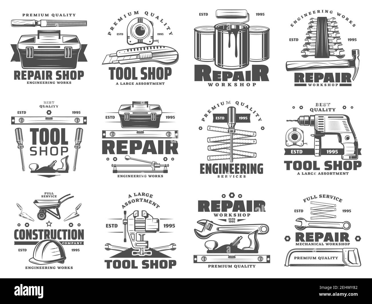 Bau, Reparatur, Service und Handwerker arbeiten Werkzeugladen Symbole. Vektor-Symbole von Schreinerei Hammer, Holzbearbeitung Planschleifer und Pinsel, Bohrer Stock Vektor