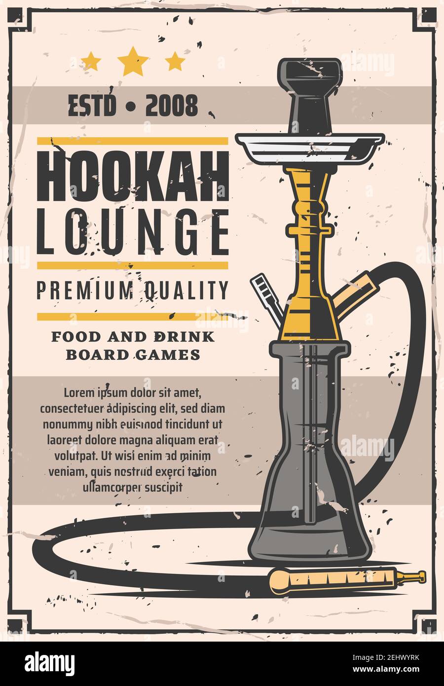 Shisha Lounge Bar Retro Poster. Smoke Shop mit Speisen und Getränken, Brettspiele. Shisha Club und Haus Embleme Vektor. Instrument zum Verdampfen und smok Stock Vektor