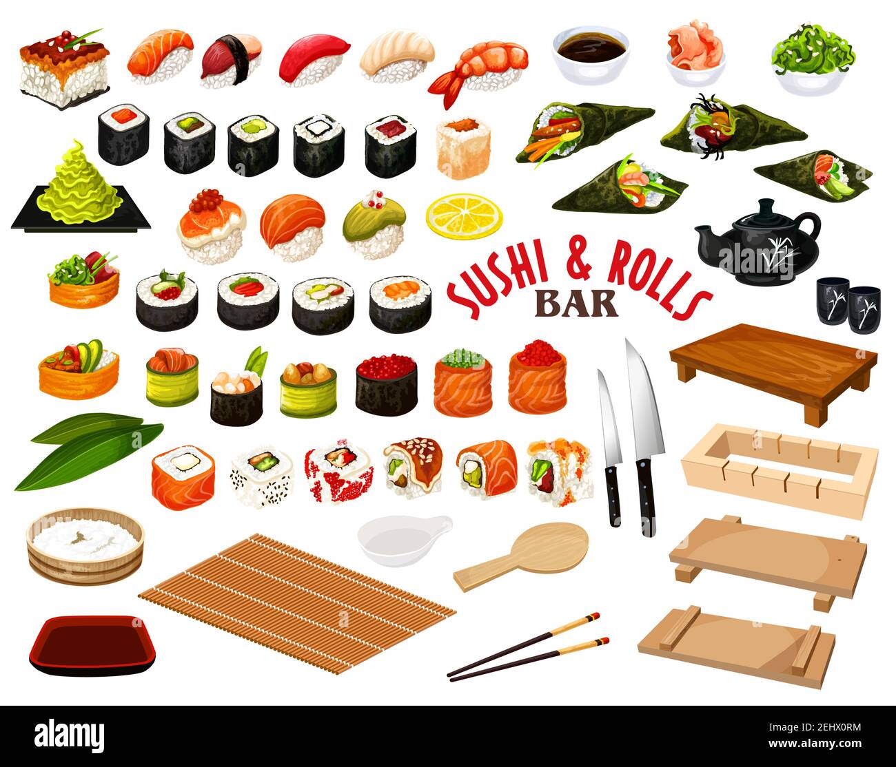 Sushi und Brötchen aus japanischer Küche, Vektor. Lachs und Barsch, Thunfisch und Kaviar, Wasabi und Sojasauce, Avocado und Ingwer, Essstäbchen und Tablett Stock Vektor