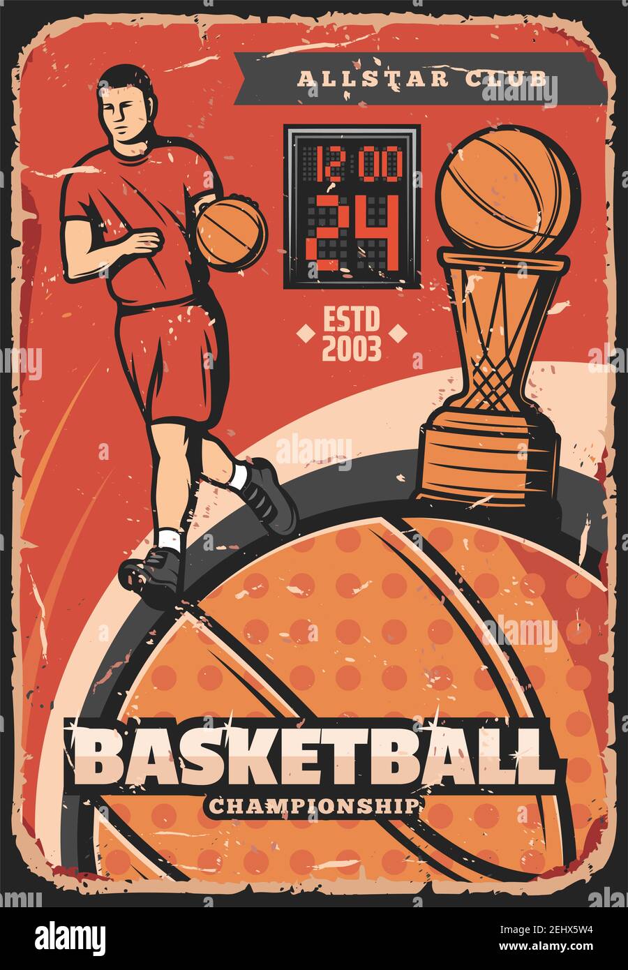 Basketball-Spiel Retro-Poster. Vector Spieler und Ball im Korb. Vintage  Sport Meisterschaft oder Turnier Poster Design. Laufsportler in der  Sportswea Stock-Vektorgrafik - Alamy