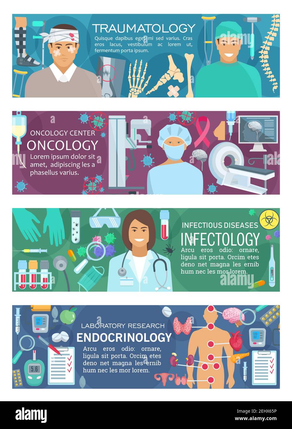 Medizinische Banner von Krankenhausärzten in Traumatologie und Onkologie, Infektiologie und Endokrinologie. Vector Medikamente und medizinische Werkzeuge, Patienten und MRT Stock Vektor