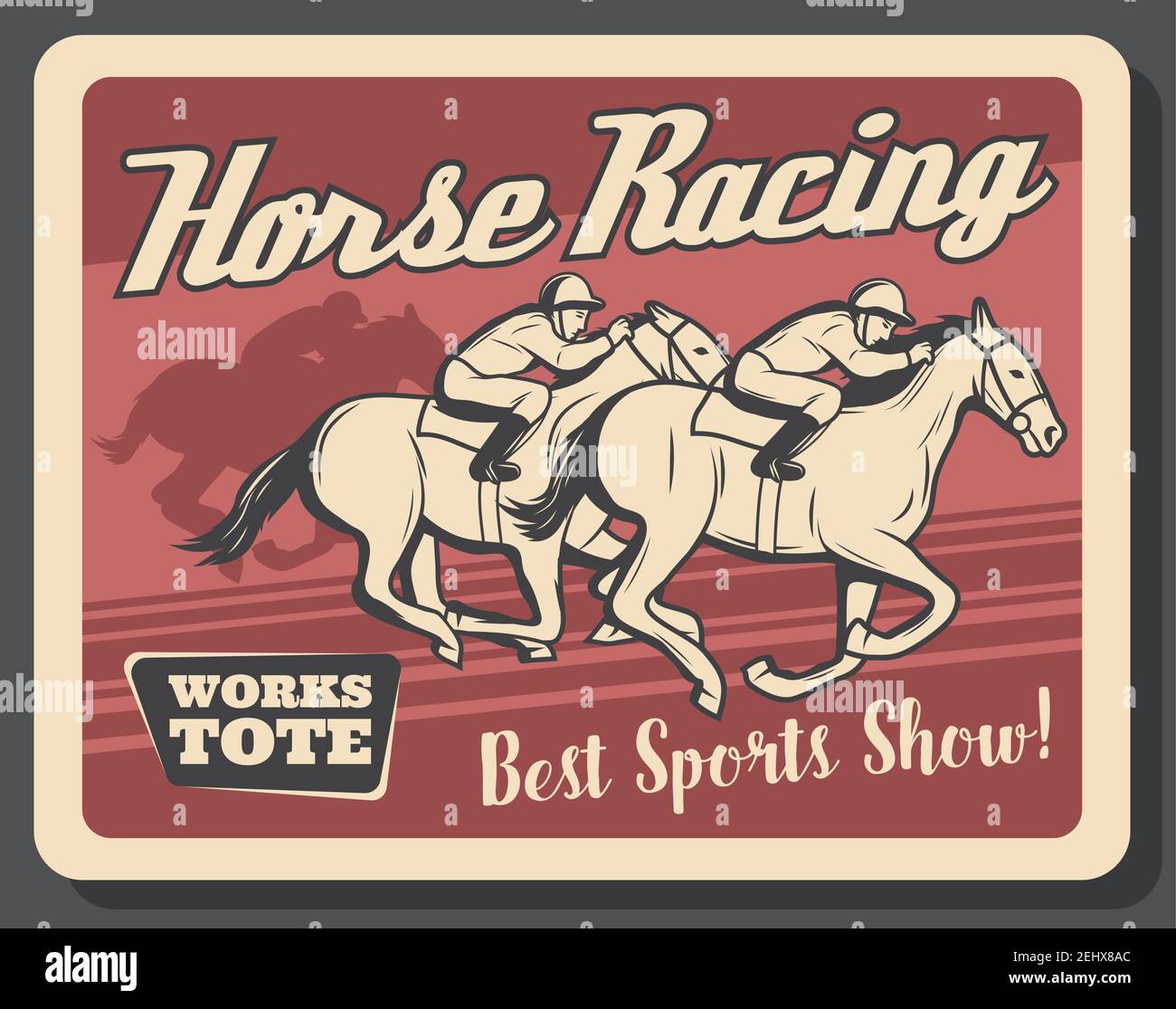 Sport-Show von Pferderennen Retro-Poster mit Reiter auf der Strecke. Reiter auf Mustangs auf Vintage-Flugblatt für Wettbewerb oder Turnier. Ausgebildetes Tier Stock Vektor