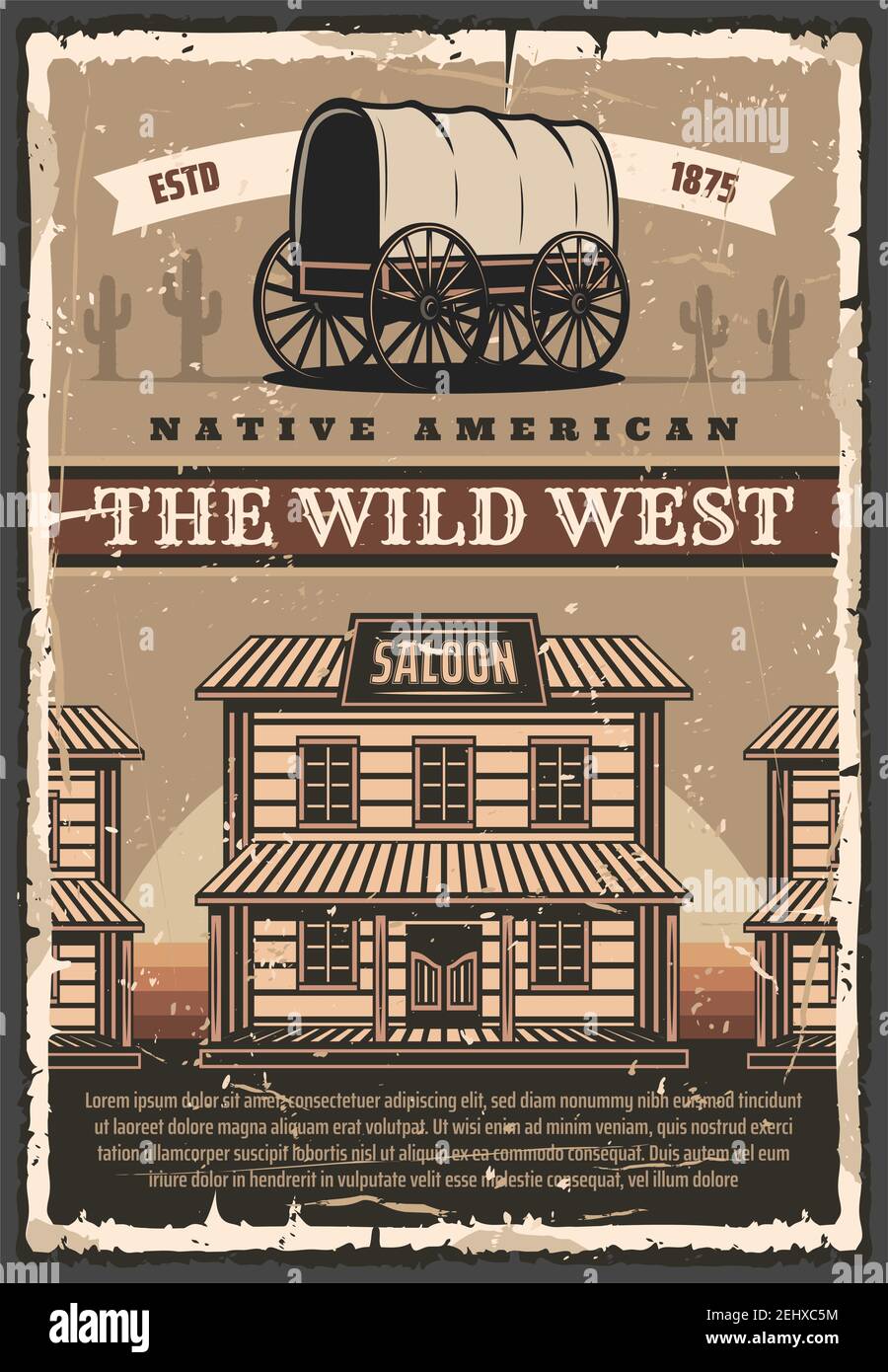 Wild West Texas Retro Poster von Cowboy Saloon Bar und Kakteen in der Wüste. Vector American Vintage Design von Pferdewagen Kutsche und Western america w Stock Vektor