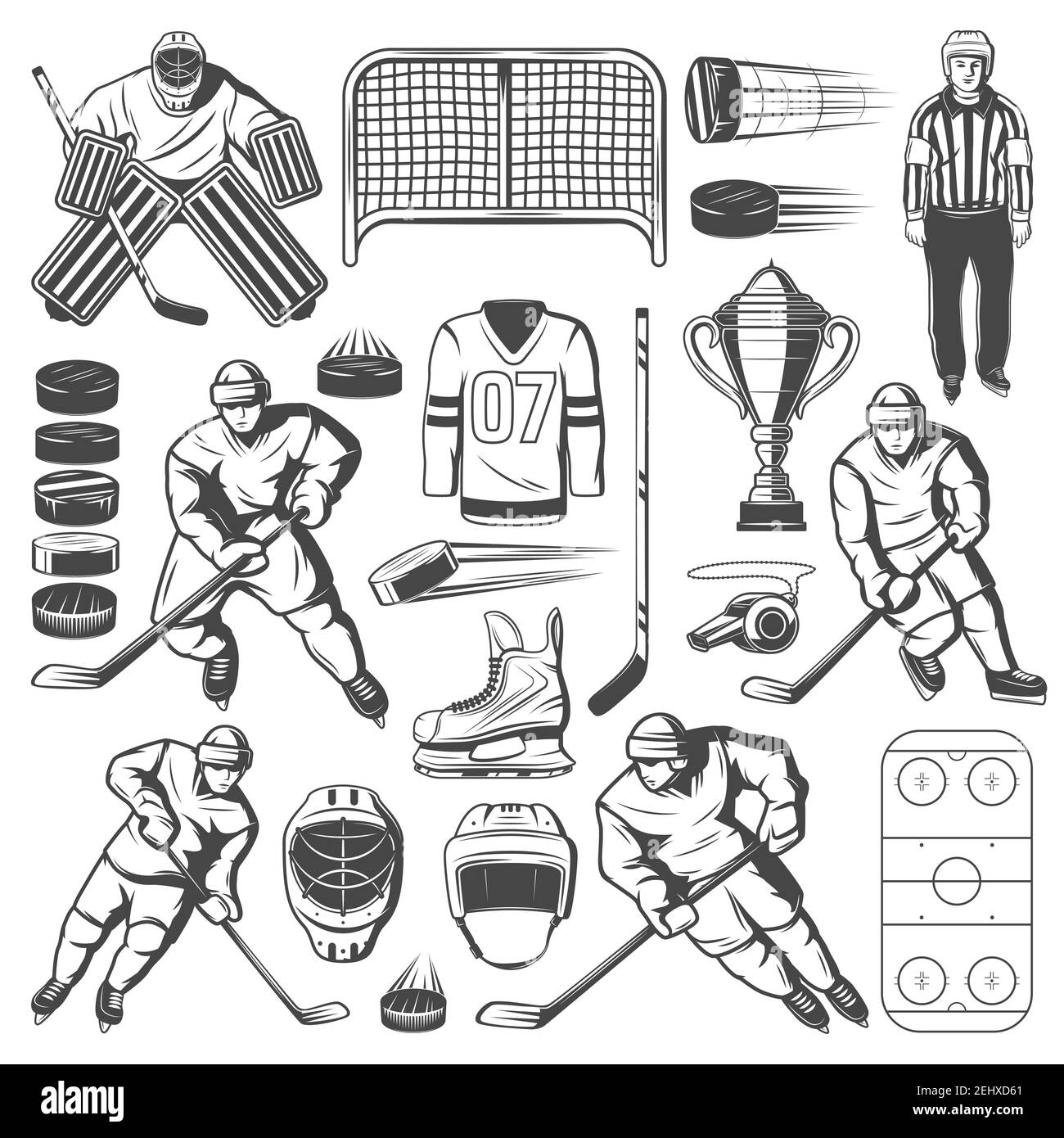 Eishockey-Ikonen der Spieler, Stöcke und Pucks, Eisbahn, Trophäe und Tor, einheitliche Helme, Schlittschuhe und Torwartmaske, Handschuh, Schiedsrichter Pfeife und Goalkee Stock Vektor