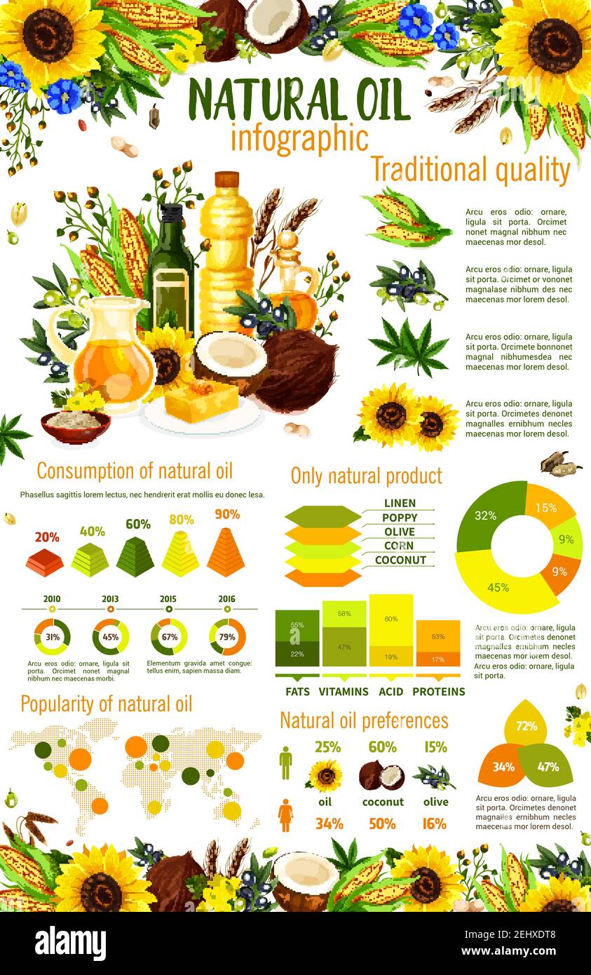 Natürliche Öl Infografiken mit pflanzlichen Lebensmitteln Zutaten Charts und Grafiken. Olivenöl, Sonnenblumen und Mais, Kokosnuss, Soja und Erdnussöl Vorlieben und Pop Stock Vektor
