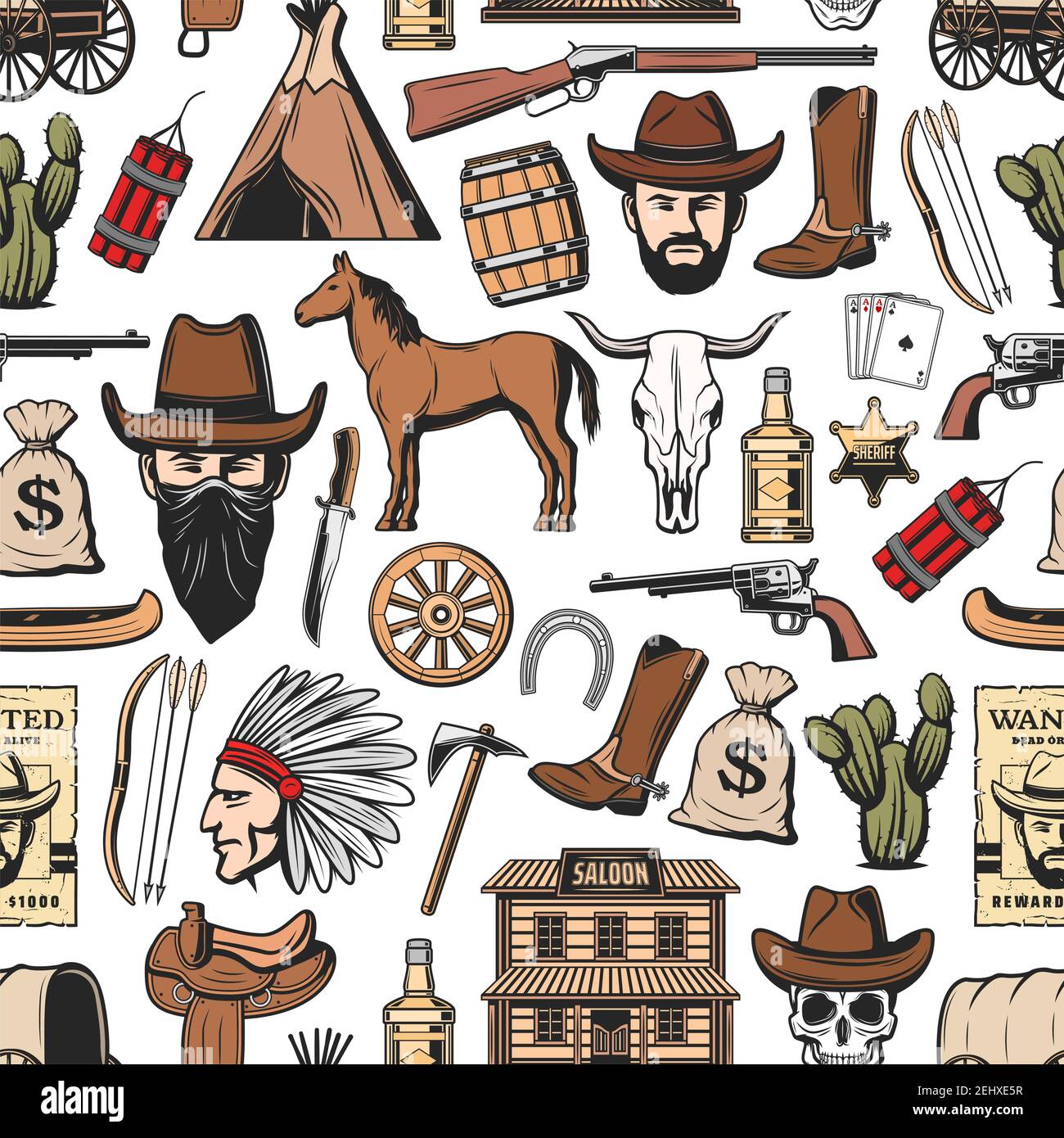 Wild West nahtlose Muster Hintergrund mit westlichen Vektor-Symbole. Texas Cowboy in Hut, Kuhschädel und Lasso, Kaktus, Rodeo Pferd und Hufeisen, sherif Stock Vektor
