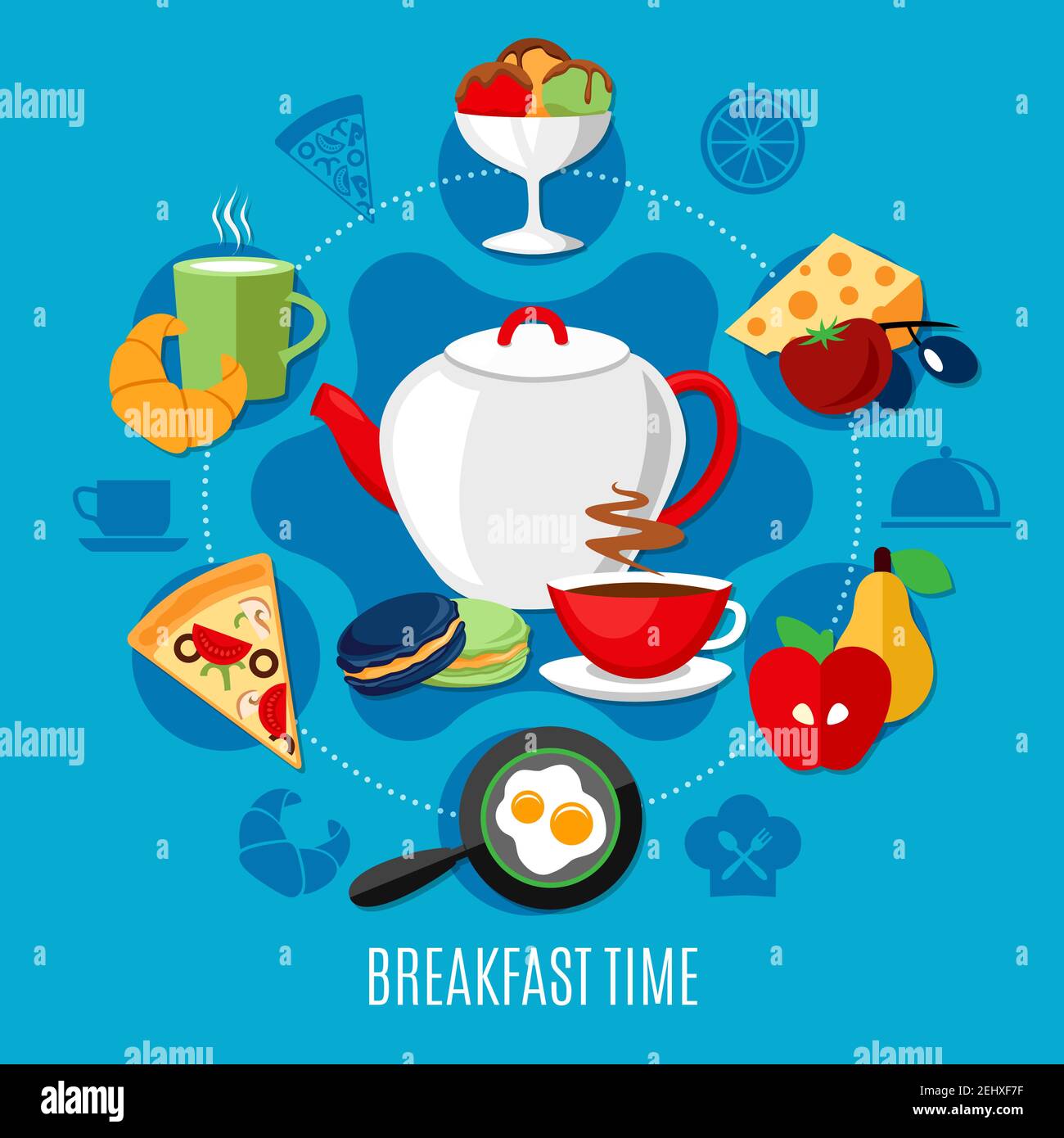Flaches Restaurant-Konzept mit Menü zum Frühstück auf blauem Hintergrund vektorgrafik Stock Vektor