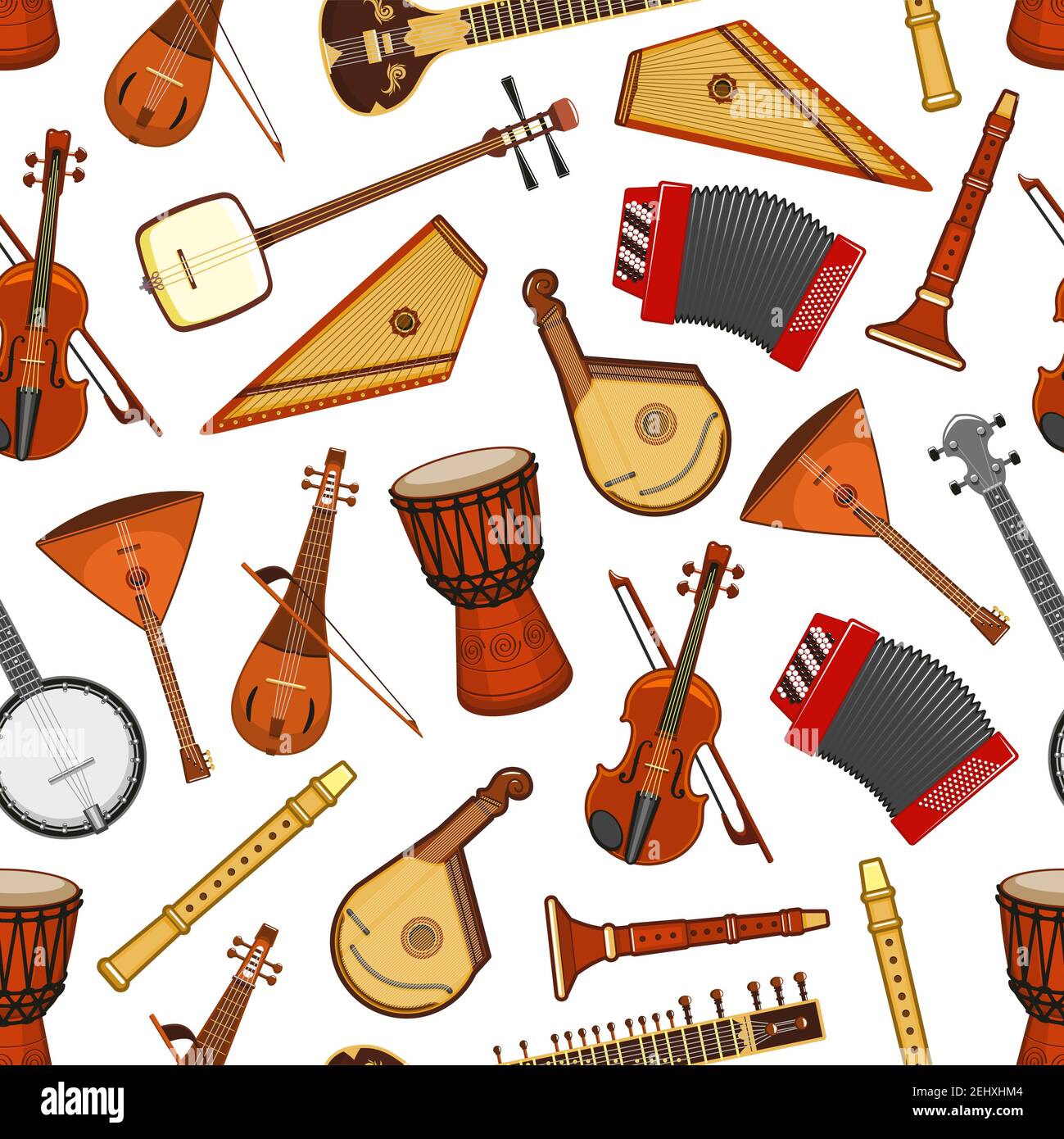 Musikinstrumente nahtlose Muster Hintergrund. Vektor Violine, Djembe Trommel und Banjo, Balalaika, Akkordeon und Sitar, Flöte, Zither, Shamisen und Bandu Stock Vektor