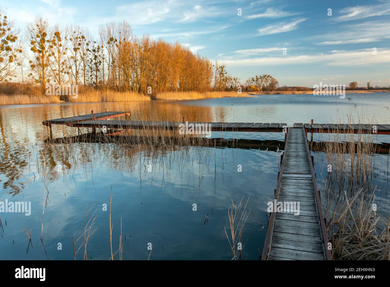Fischerpier am Ufer eines ruhigen Sees, Stankow, Polen Stockfoto
