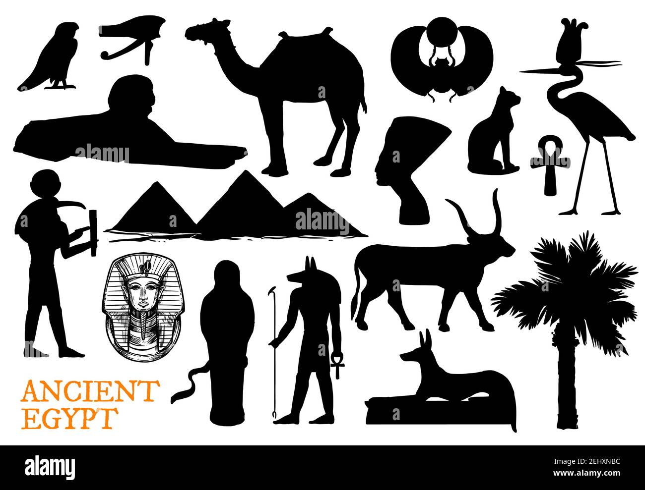 Alte Ägypten Religion Symbole mit gott und Reise Wahrzeichen Silhouetten. Vector pharao Pyramide, Sphinx, ankh und Anubis, Auge des Horus, Skarabäus und TU Stock Vektor