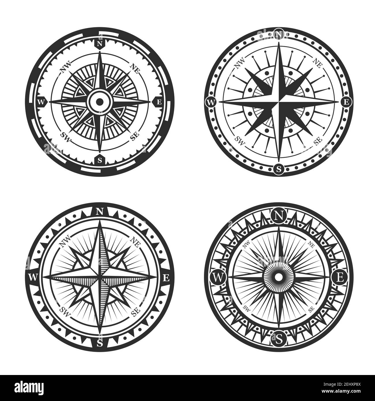 Vintage nautischen Kompass Rosen oder Windrosen mit sternförmigen Karte Zeiger der Nord-, Ost-, Süd-und West-Windrichtungen. Seeschifffahrt, Marine hera Stock Vektor