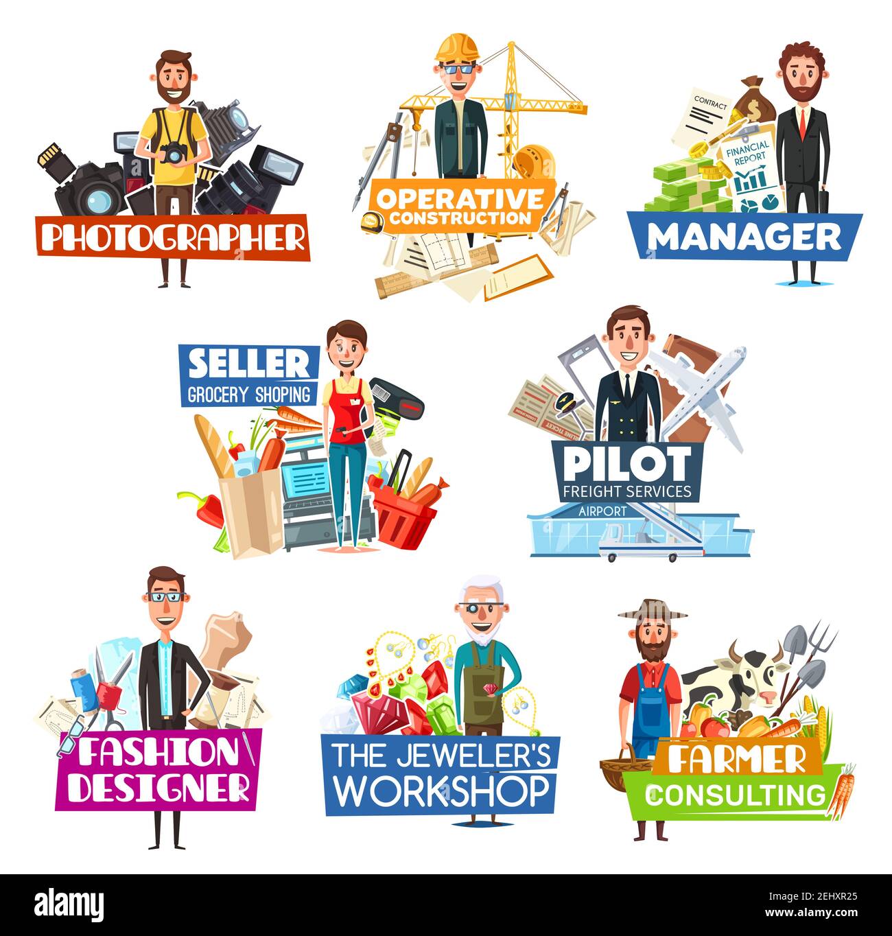 Symbole für Jobsuche und Personaleinstellung mit Berufen. Vektorfotograf mit Kamera und Ingenieur, Manager und Verkäufer, Pilot mit Flugzeug und Mode Stock Vektor