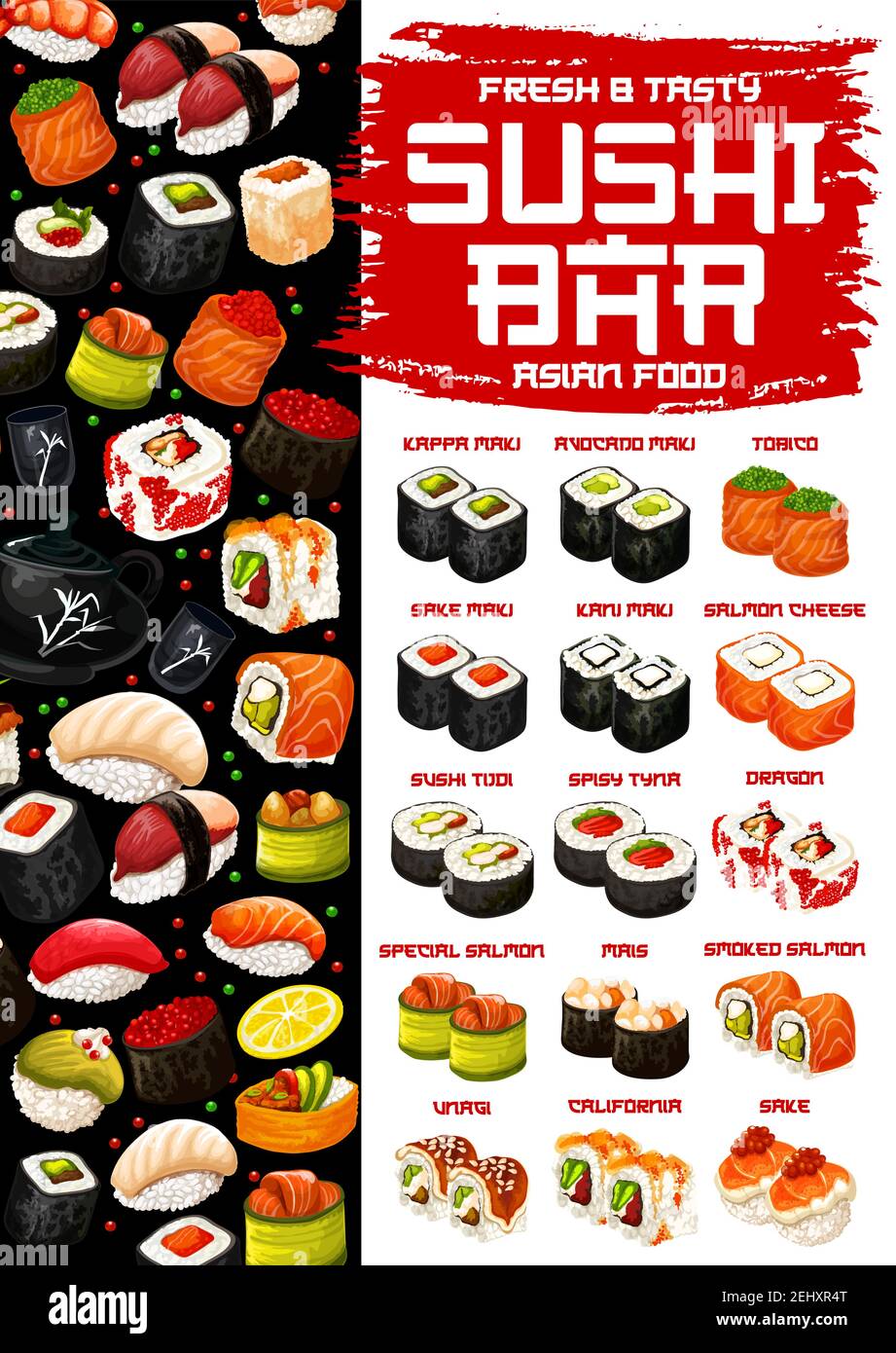 Sushi und Brötchen, japanische Küche. Vector Kappa mit Avocado, Tobico oder  Sake mit Karu Maki, Lachskäse oder geräucherten Tudi-Brötchen, würzigem  Thunfisch, Drachen und Stock-Vektorgrafik - Alamy