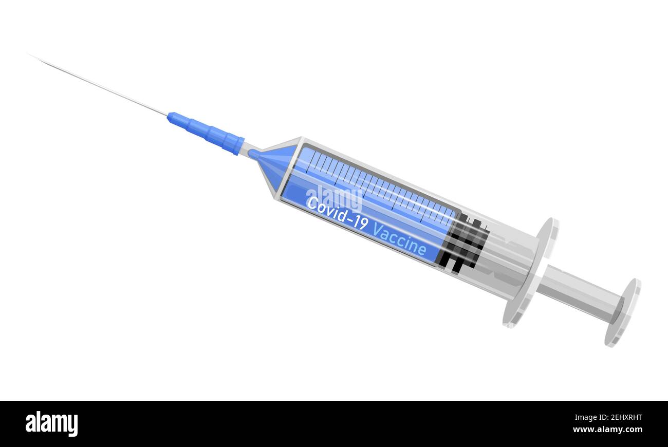 Spritze mit blauem Flüssigimpfstoff gegen COVID-19, nCoV 2019 Infektion. Vektorgrafik isoliert auf weißem Hintergrund Stock Vektor