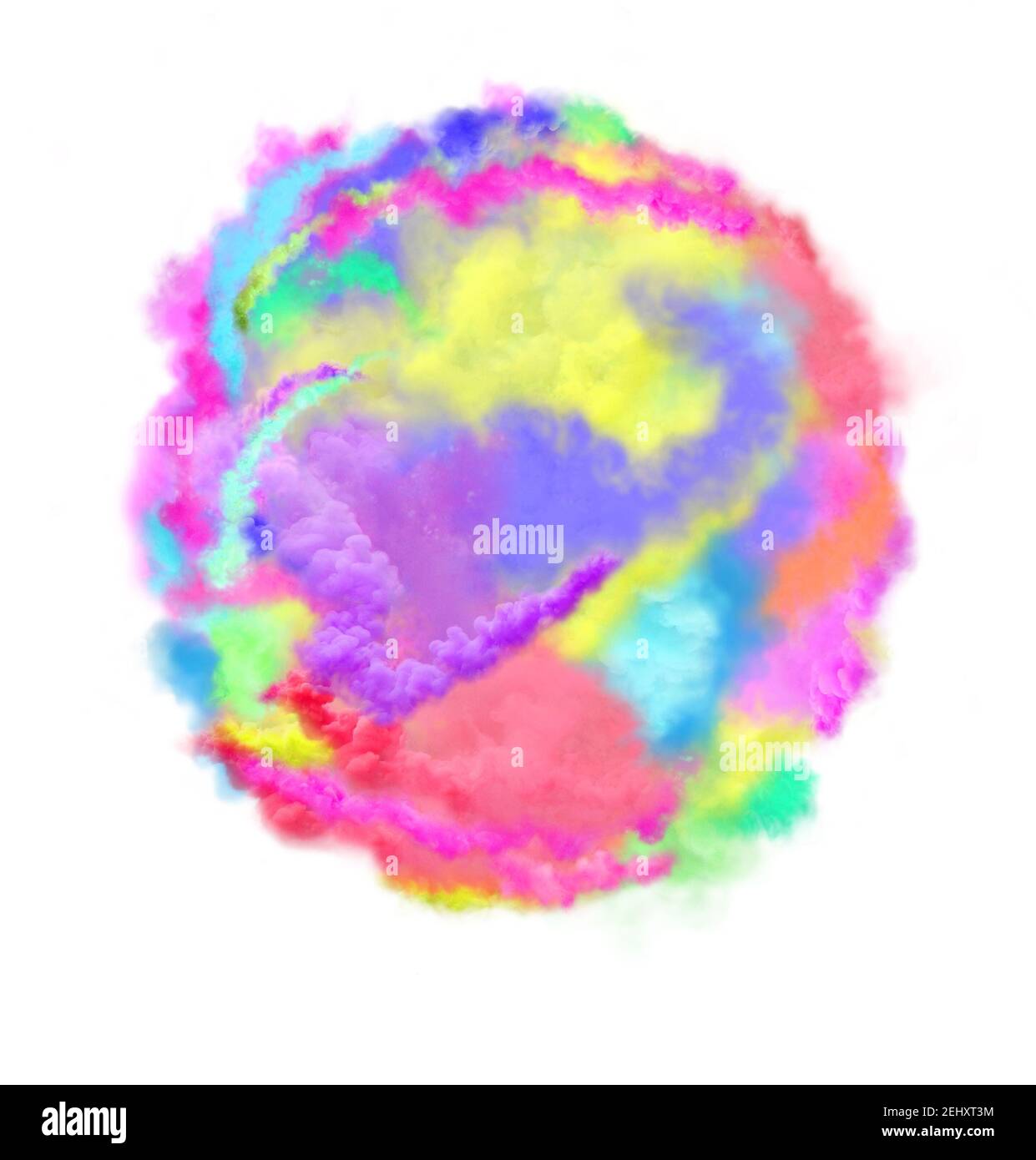 Explosion der farbigen Rauchwolke.Bunte Rauchexplosion gemischt mit einem Verschiedene Farben auf weißem Hintergrund isoliert Stockfoto