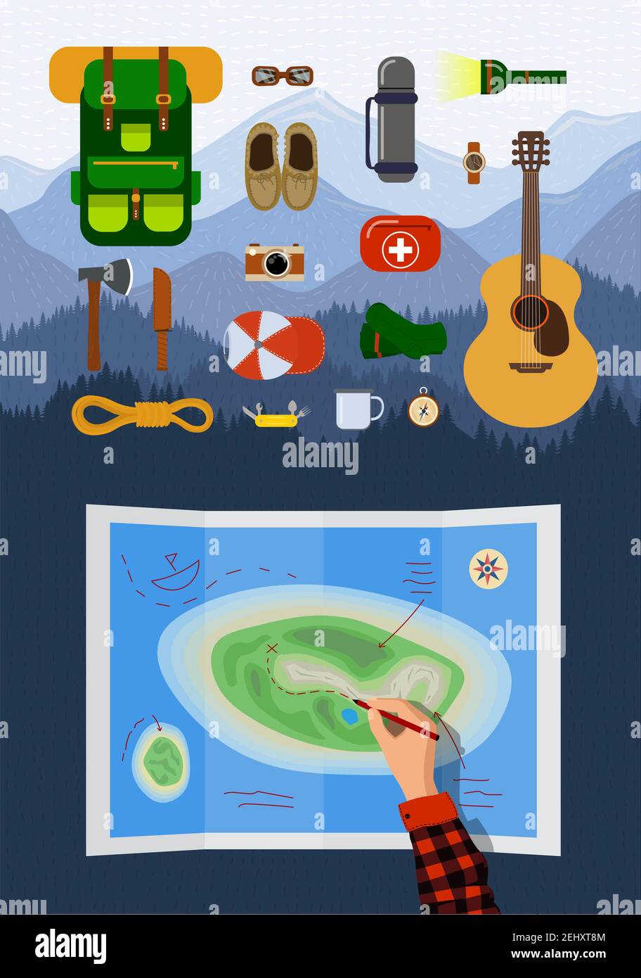 Outdoor-Erholung Wanderausrüstung Infografik auf Berglandschaft gesetzt. Rucksackpacking Habseligkeiten Sammlung. Touristische Hand Planung Wanderroute auf der Karte mit Reise-Elemente. Camping eps-Illustration Stock Vektor