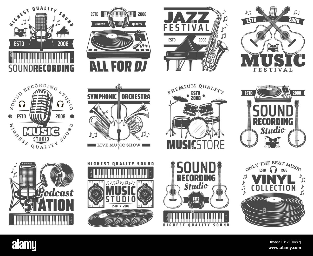 Musik-Ikonen, Live-Festival oder Tonstudio und Musikinstrumenten Shop. Vektor Podcast Online-Radiosender, Jazz Club Mikrofon mit viny Stock Vektor