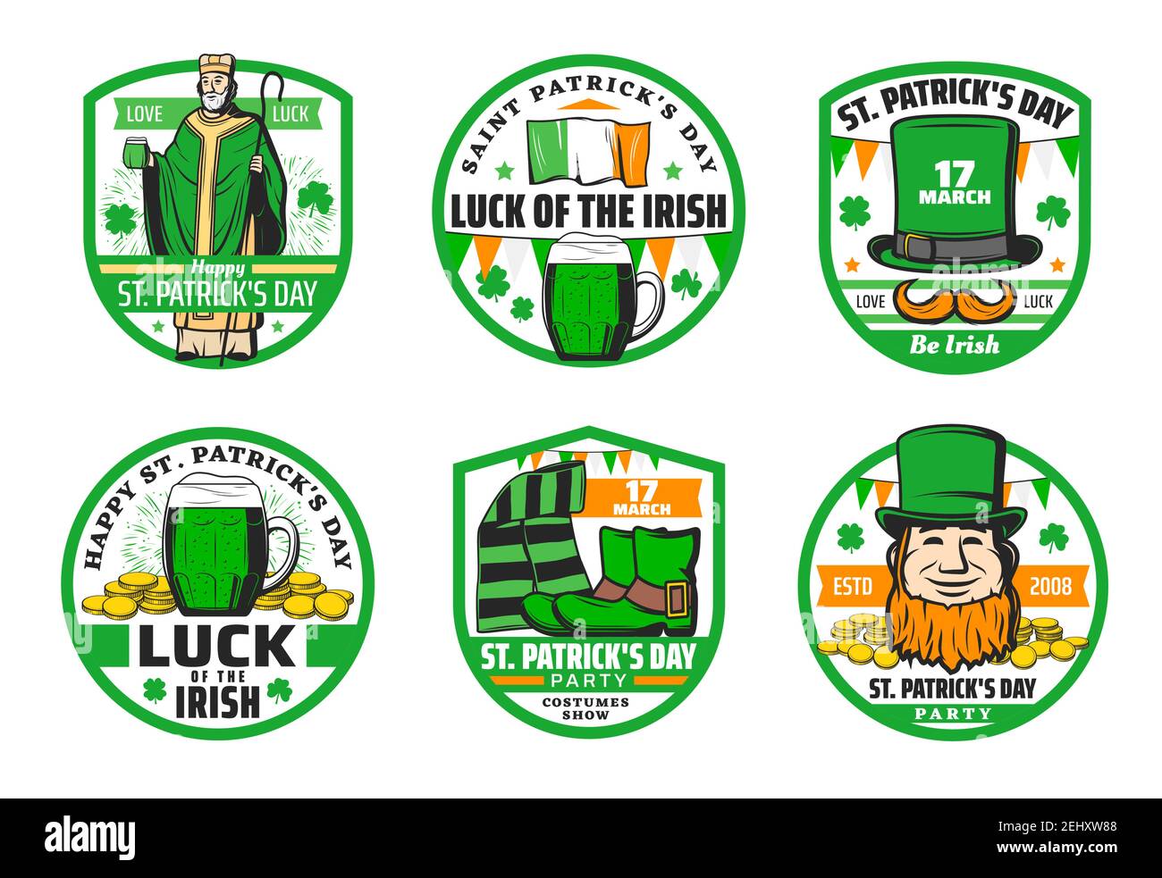 St. Patricks Day grüne Abzeichen mit Vektor-Symbole der Religion irischen Feiertag. Kobold mit Bier, Hut und Goldmünzen, Kleeblatt und Klee, Orangenbär Stock Vektor