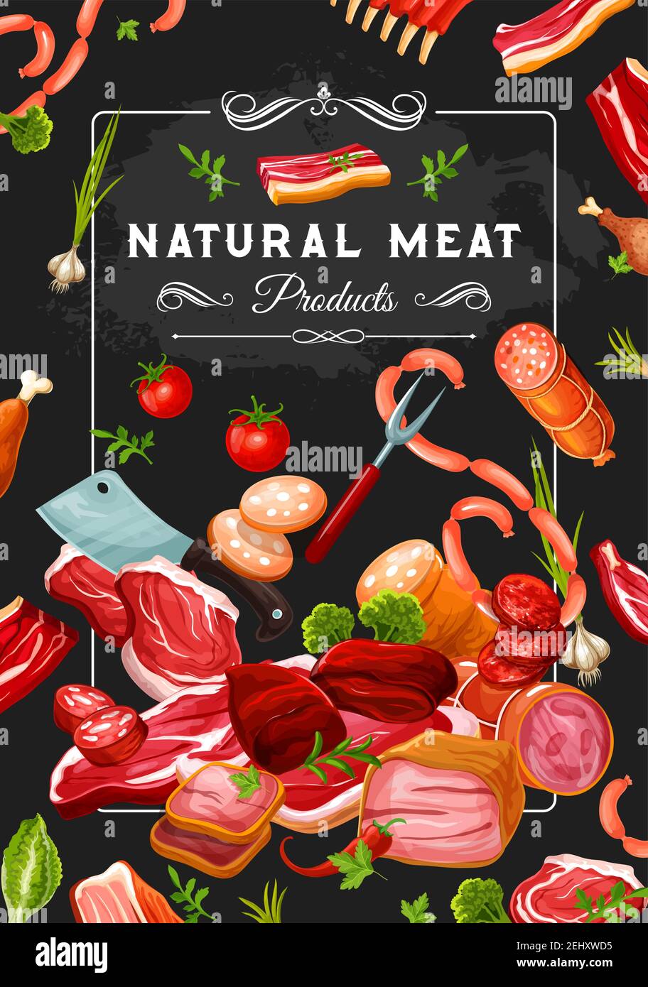 Natürliche Fleischprodukte, Gemüse und Küchengeräte. Metzgerei Steaks, Wurst und Schweinefleisch, Speck und Würstchen, Huhn und Schnitzel in Vektor. Tende Stock Vektor