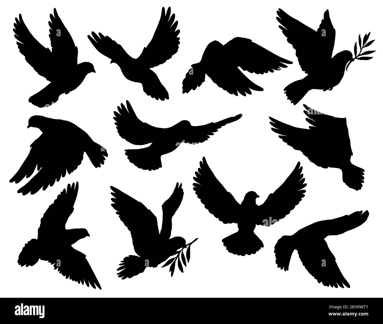 Taube Silhouetten mit Olivenzweig, Frieden Symbol. Vector Taube mit ausgebreiteten Flügeln fliegen mit Lorbeerstamm in Schnabel. Heiliger Vogel im Christentum, Freiheit Stock Vektor
