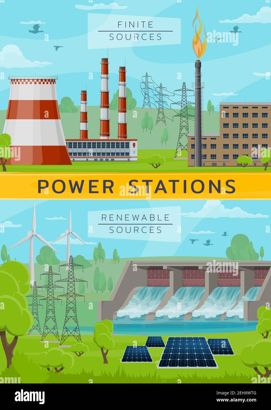 Kraftwerk, endliche und erneuerbare Quellen, Ökoenergie und Umweltverschmutzung. Vector Kernkraftwerke und Windmühlen, Wasser-Dum und Solarbatterie. Fabrik und po Stock Vektor