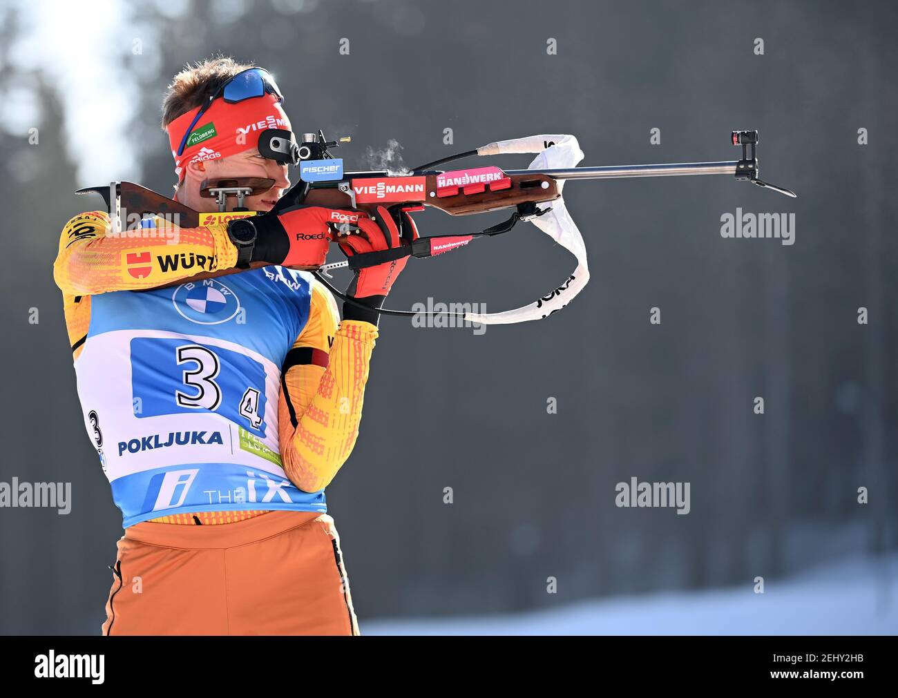 20. Februar 2021, Slowenien, Pokljuka: Biathlon: Weltmeisterschaften, Staffel 4 x 7,5 km, Männer. Benedikt Doll aus Deutschland während der Dreharbeiten. Foto: Sven Hoppe/dpa Stockfoto