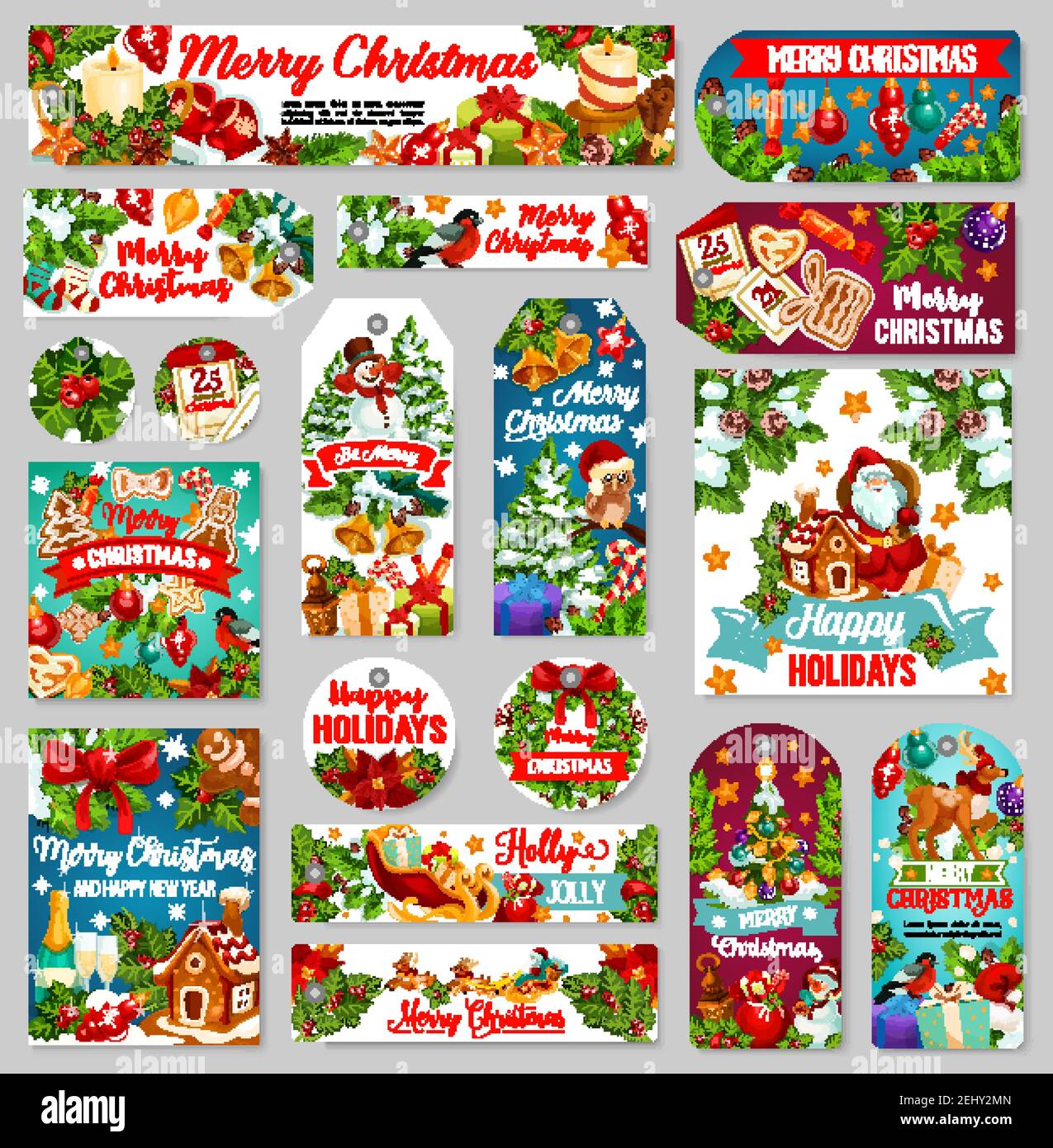 Weihnachten und Neujahr Tags oder Etiketten, Winter Urlaub Geschenk. Weihnachtsbaum mit Geschenk, Glocke und Ball, Weihnachtsmann, Schneemann und Geschenk, Stechpalme Girlande, Kerze und Stock Vektor