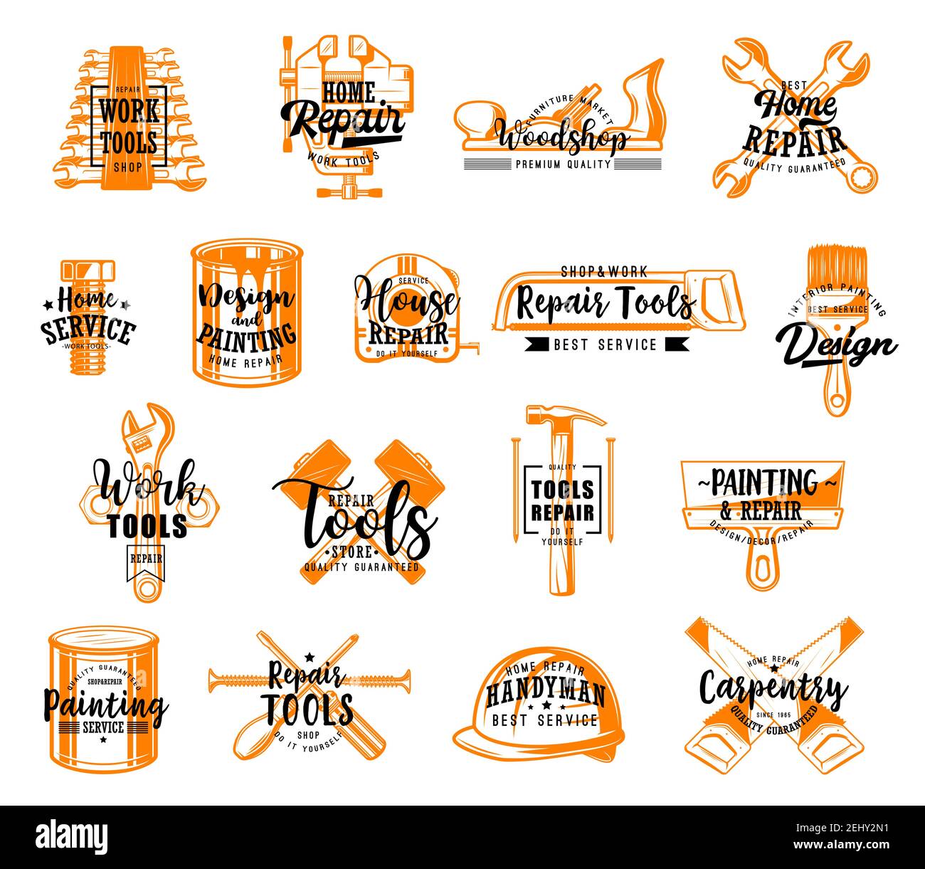 Bau- und Bauwerkzeug-Symbole mit Beschriftung, isolierte Ausrüstung. Vector Schlüssel und Feile, Bolzen und Lack Dose, Lineal und Säge. Bürste und Hammer, Stock Vektor