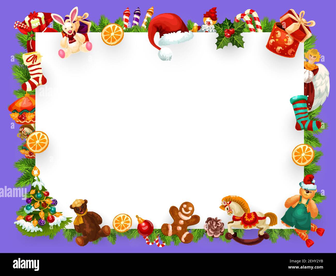 Weihnachten oder Neujahr Grußkarte leer leer von Weihnachten Dekorationen Rahmen. Vektor Winter Urlaub Hintergrund Design von Weihnachtsbaum Ornamente, Spielzeug ein Stock Vektor