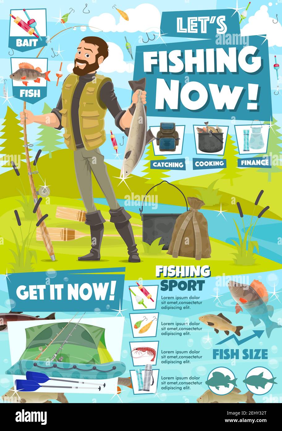 Angelabenteuer und See- oder Flussfischen, die Sport fangen. Vector Fischer mit Barsch auf Fischrutenhaken und Ausrüstung lockt, schwimmt und kitschles, Camping Stock Vektor